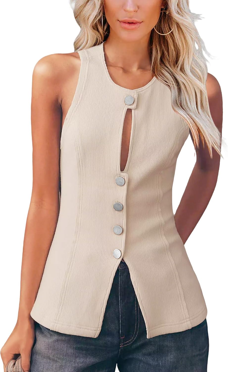 Orchidays Women's Cute Style Fitted Button Down Vest Hollowed Spring Sleeveless Tops