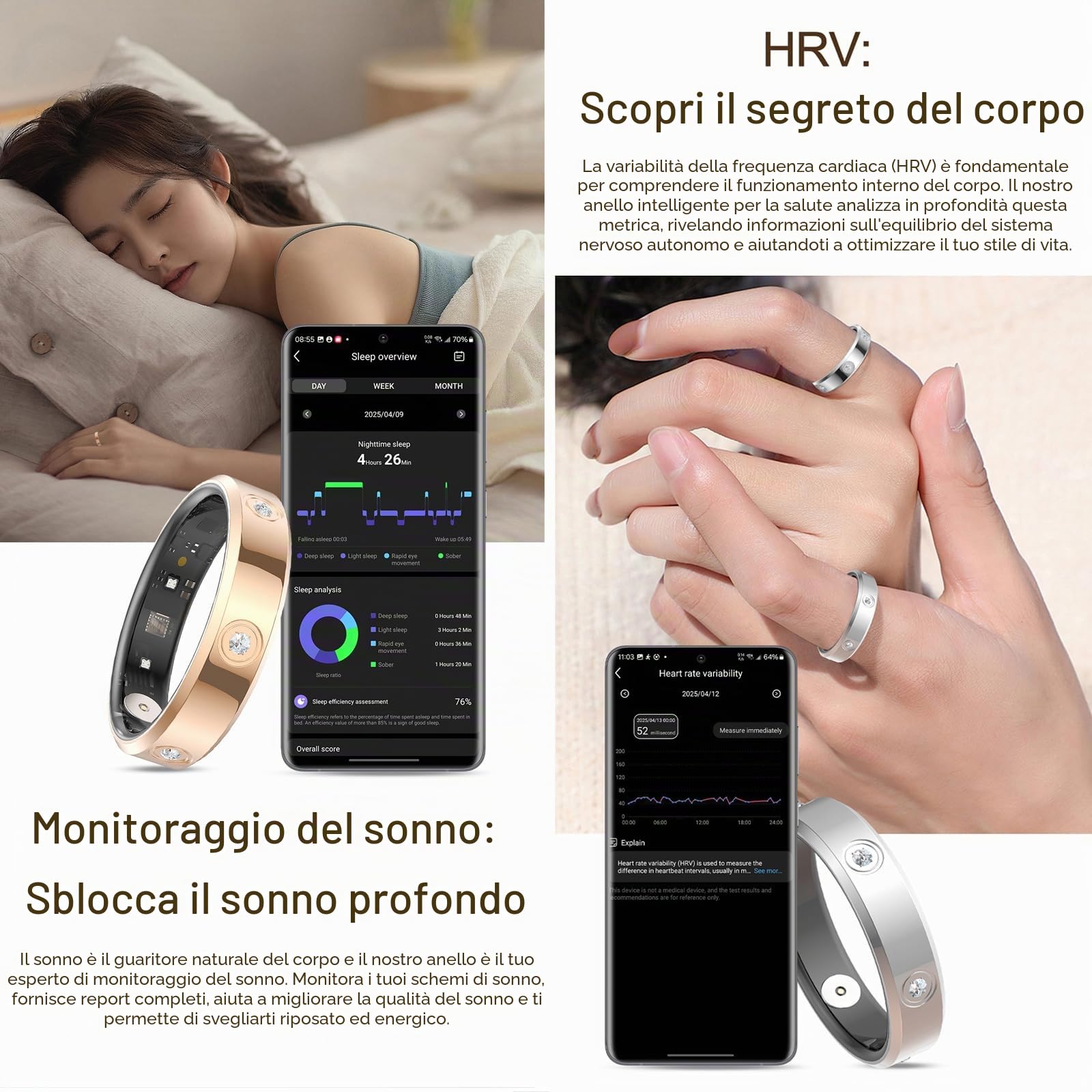 Smart Ring da Donna e Uomo in Oro Rosa e Argento, Fitness Ring per Donne, Sottile, Monitor della Menstruazione, Rilevatore di Frequenza Cardiaca, Contapassi, Monitor del Sonno, Anello Smart Fitness