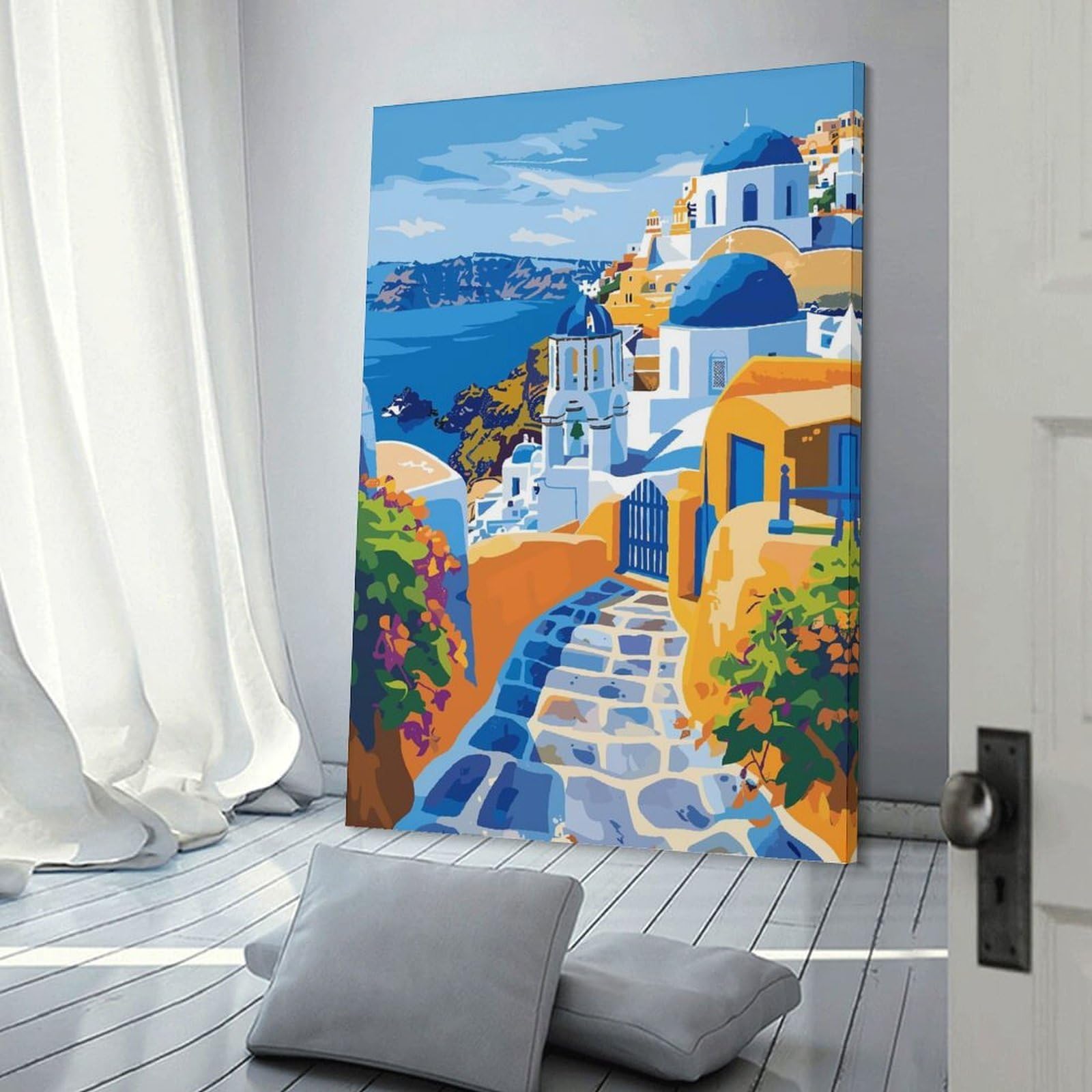 Junmoney Greek Island Santorini Decorative Wall Artwork 24x36inch(60x90cm), for Living Room, Lounge Or Sitting Room, A Home Accent with Warm Character