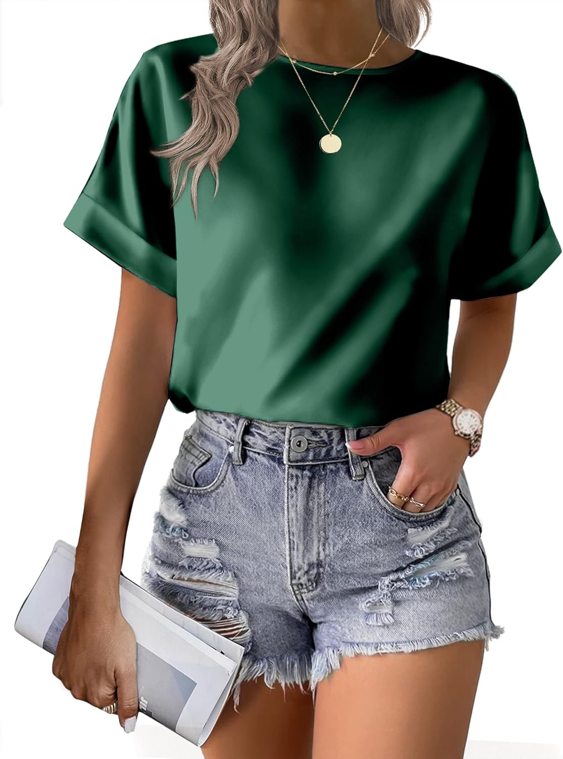 HOTOUCH Women's Short Sleeve Pullover Blouses Satin Silk Shirts Casual Loose Work Tunic Tops - Image 4