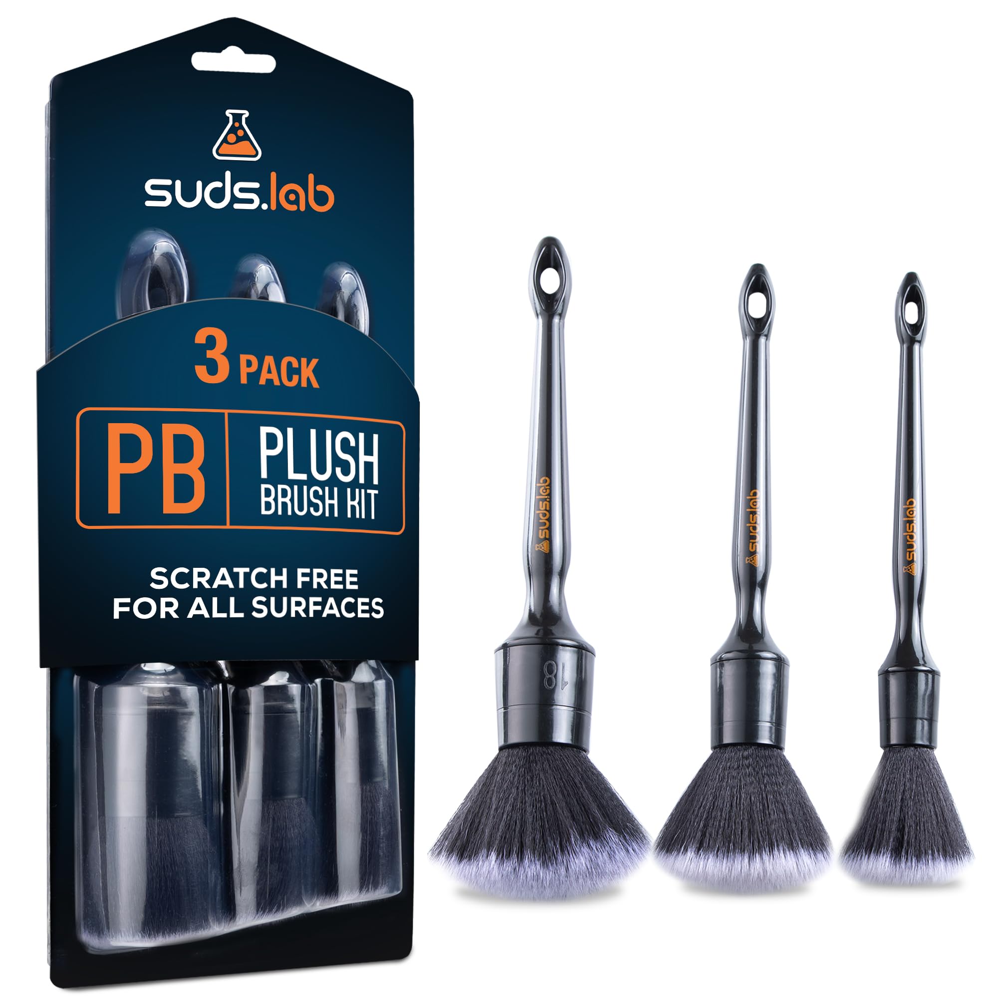 Suds Lab PB Plush Brush Kit 3 Pack- Ultra-Soft Synthetic Bristle Brushes - Scratch Free Design - Fine Detailing Brushes for Personal and Professional Use
