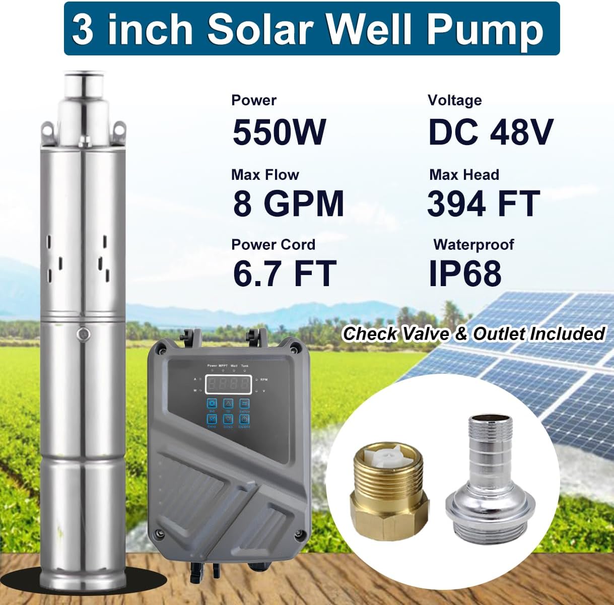 Solar Water Pump, 48V 500W DC Submersible Deep Well Pump, 3 inch Stainless Steel Deep Well Pump with MPPT Controller for Industrial Irrigation Household Water Tank Water Supply