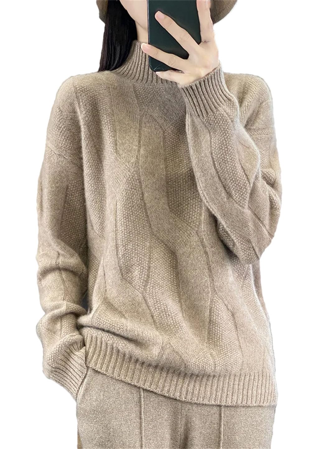 Vogrtcc Suéter De Mujer Trenzado Grueso Otoño Invierno Jersey De Lana Cuello Simulado Prendas De Punto De Cachemira