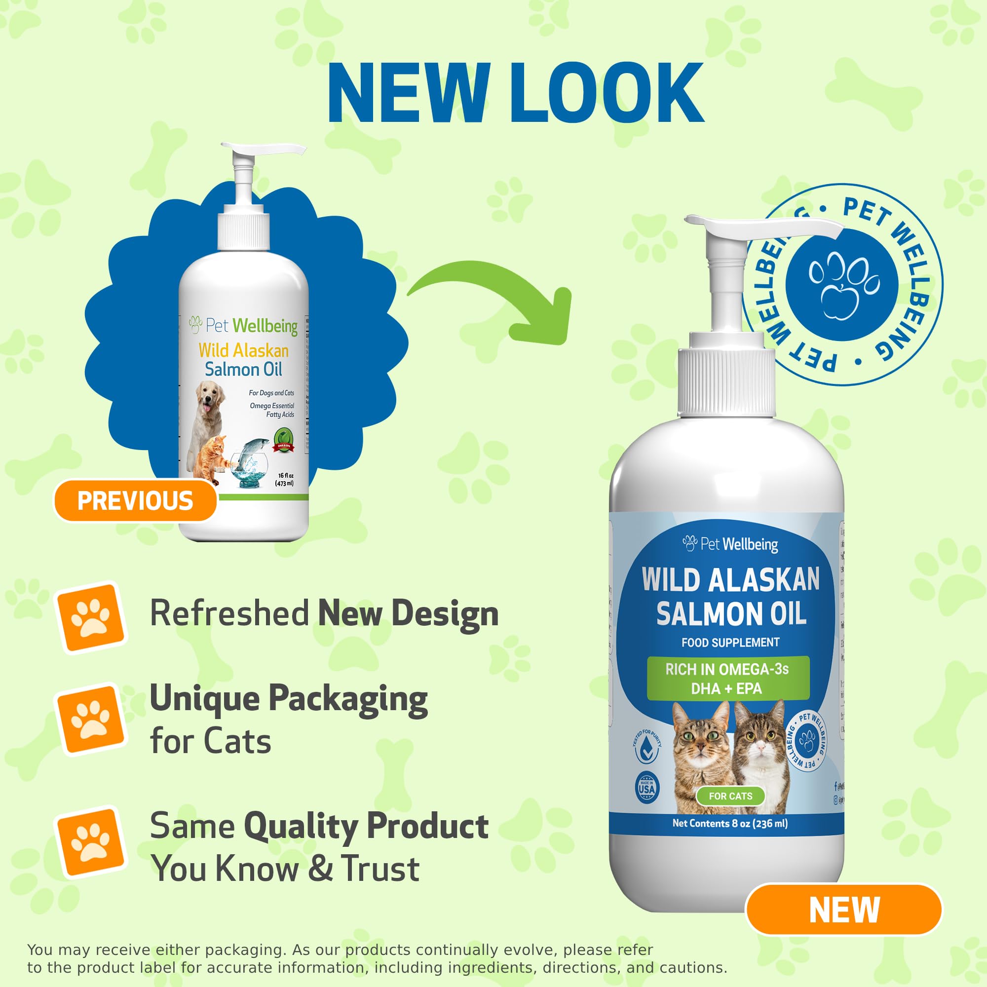 Pet Wellbeing Olio di salmone selvatico dell'Alaska per gatti, olio di pesce omega-3 catturato in natura, lavorato a freddo, per pelo e pelle sani, mobilità e forza articolari, EPA, DHA, 236 ml