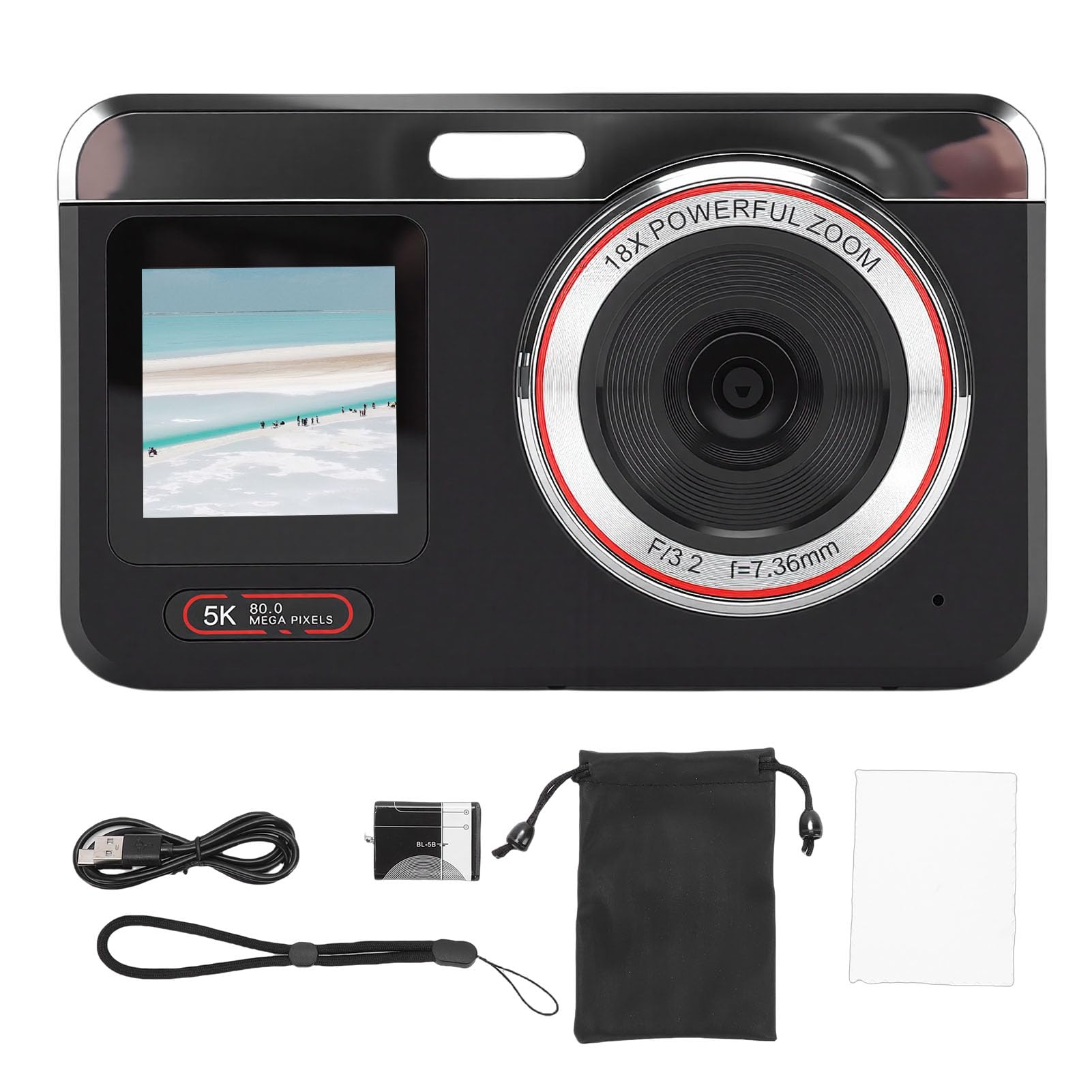 XUMIUZIY Fotocamera Digitale 5K con Doppio Schermo e Zoom 18X per (BLACK) | Sensore CMOS da 80 MP, Messa a Fuoco Automatica, Luce LED di Riempimento, Batteria da 1200 MAh, Doppio Schermo da 2,8 e 1,5