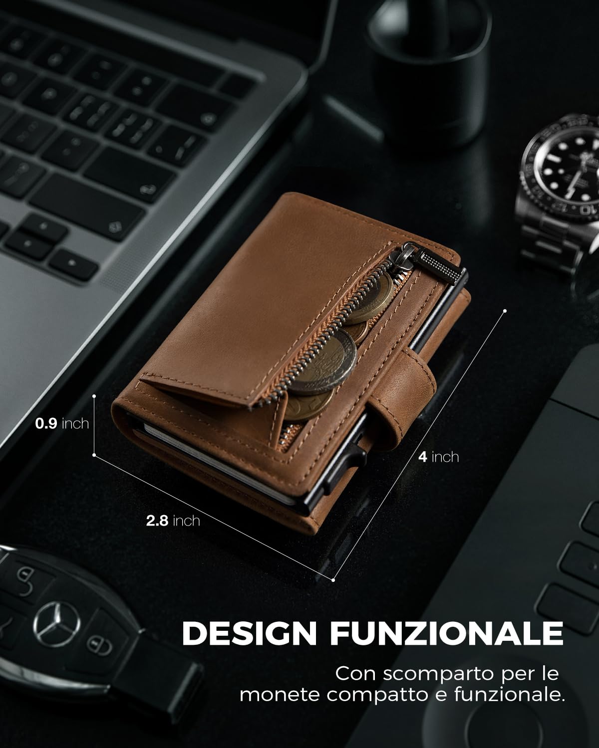 DODENSHA Portafoglio Uomo con Porta Carte di Credito e Portamonete | Slim RFID | Scomparto per Contanti | Custodia in Metallo per 8-10 Carte | Slot ID | Marrone