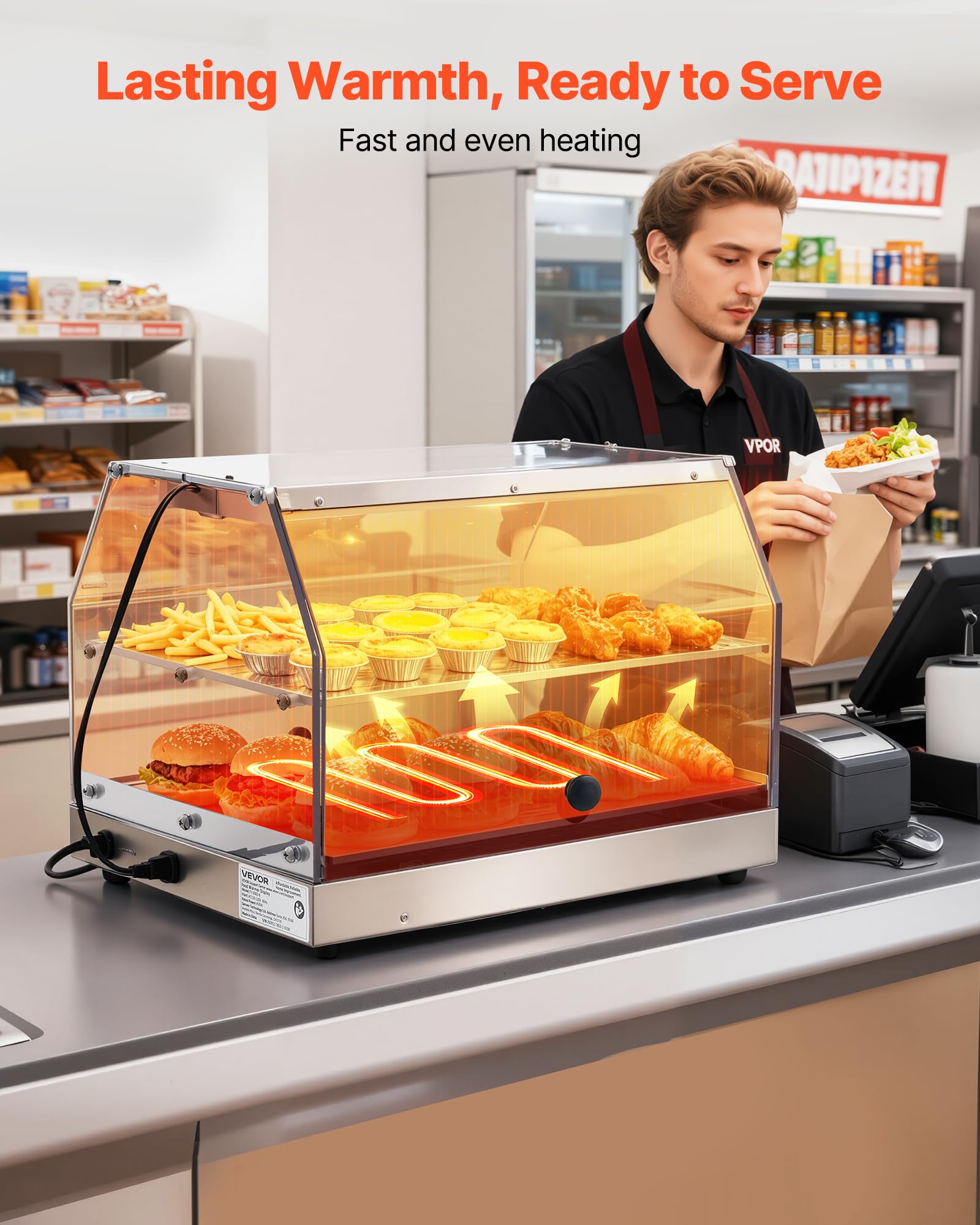 VEVOR Scaldavivande commerciale a 2 livelli, scaldavivande da 450 W con luce, ripiani staccabili e design a doppia porta, riscaldamento ad aria da 29,4 °C a 185 °C, 48 litri per hamburger, pizza, pane