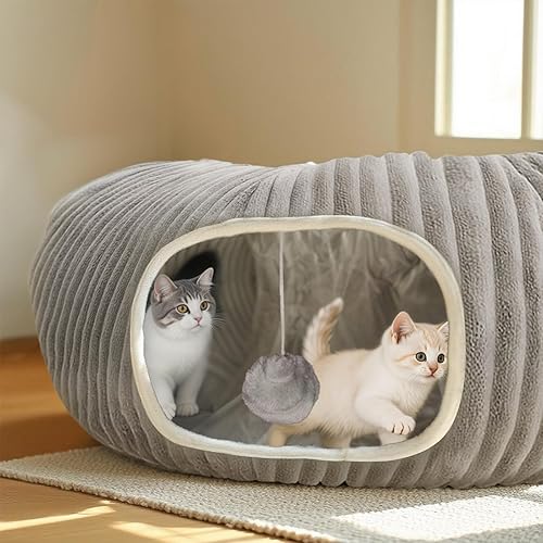 Miniatura 2 de Cama tipo Túnel para Gatos de Interior, Cama tipo Cueva de Gato Peekaboo, Túnel Suave para Gatos Tipo Donut para Gatito y Gatos Grandes, Falda Gris