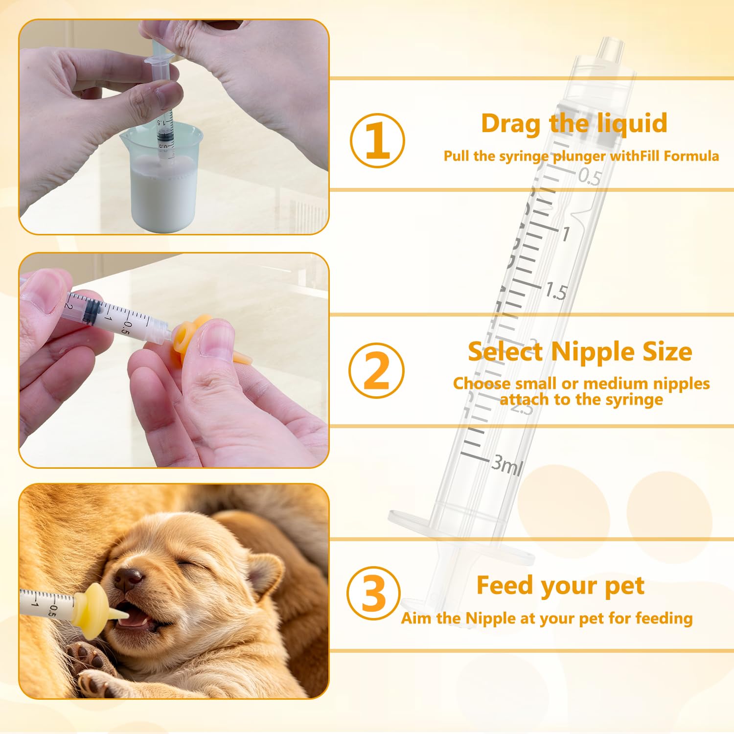 Kitten Nursing Bottle Puppy Bottles and Nipple in Cat Bottle Feeding Kit Nipple Kittens Syringe for Newborn Kittens,Puppies,Squirrel,Small Animals (Yellow)