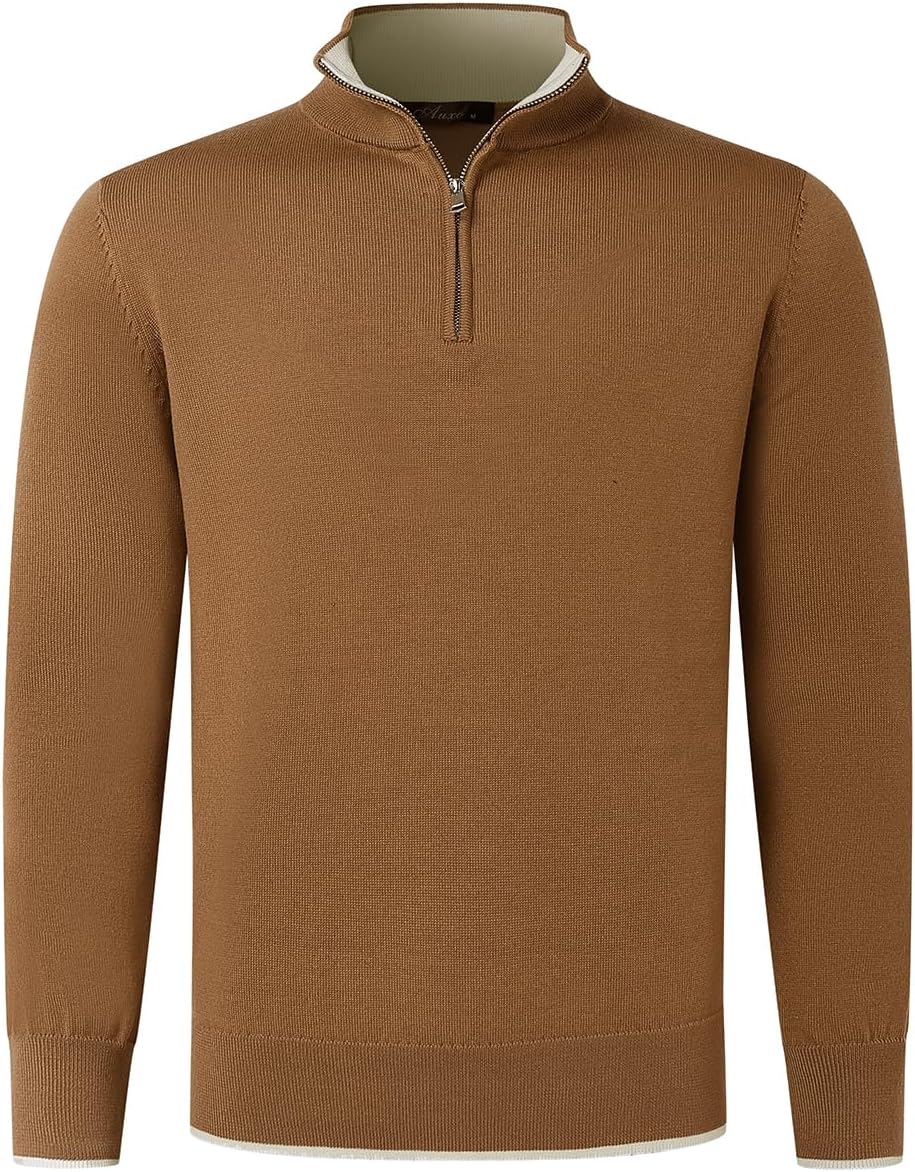 Quarter Zip Pullover Men Casual Knitted Polo Lightweight Halloween Sweater Long Sleeve Mock Neck Slim Fit Sweaters Brown Large