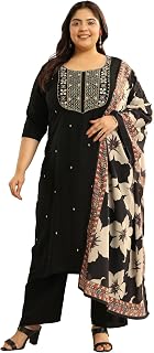 Plus Size Embroidered Viscose Straight Kurta With Trouser and Dupatta Price In India