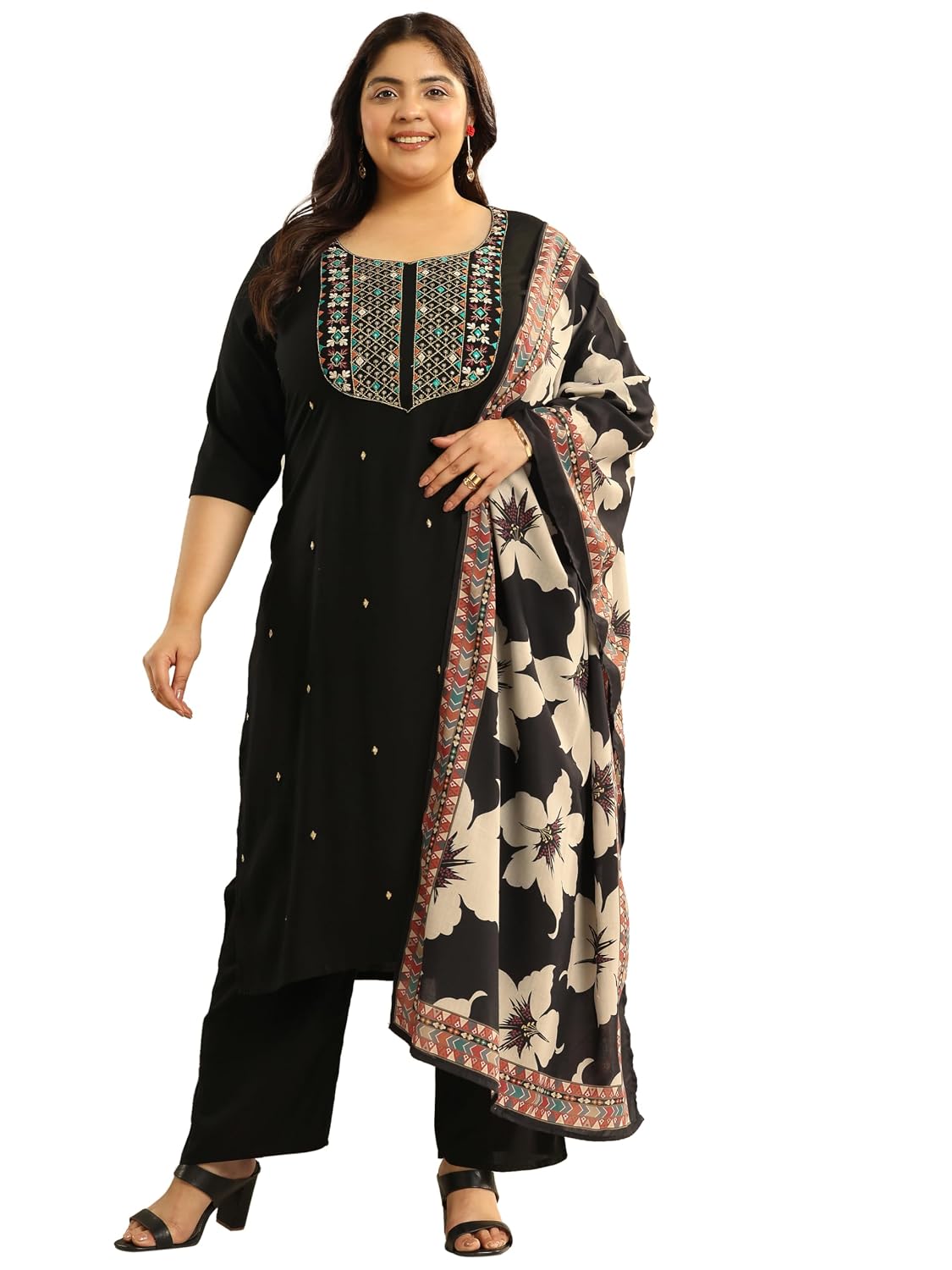 Plus Size Embroidered Viscose Straight Kurta With Trouser and Dupatta - Review, Price and Buying Guide