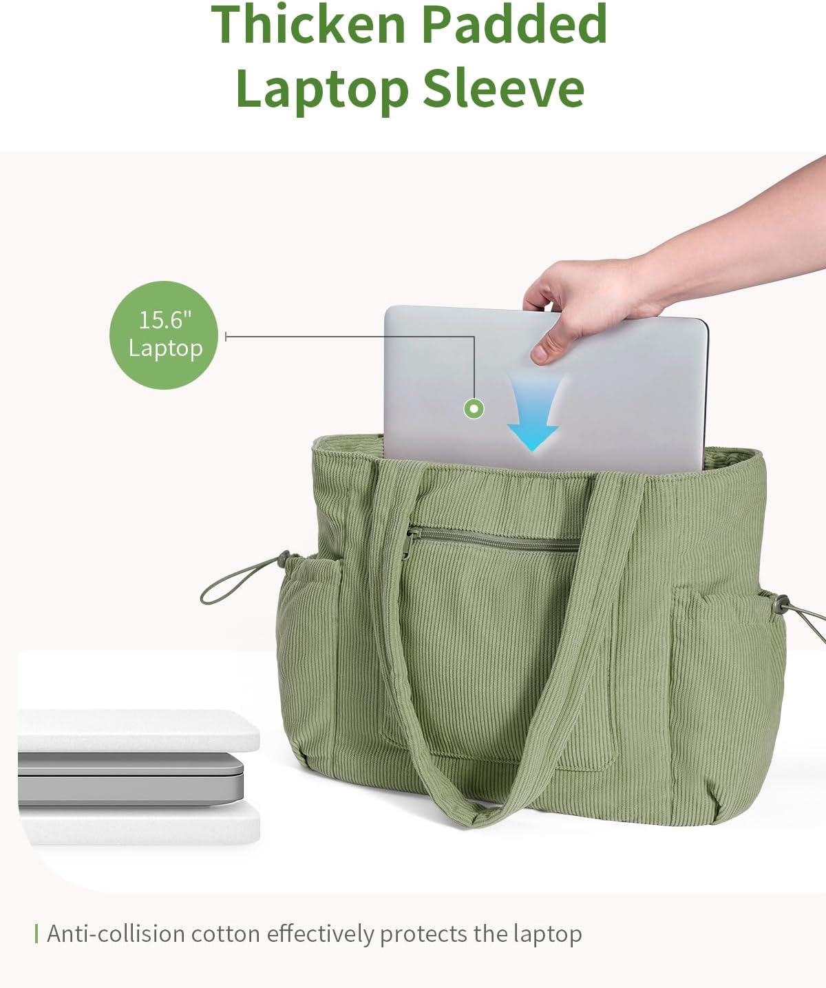 ECOHUB Large Corduroy Tote Bag for Women with Cup Holder & Luggage Sleeve & Laptop Compartment for Work Travel College Casual - Image 5