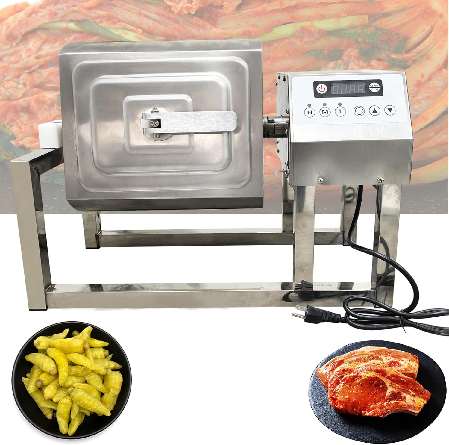TECHTONGDA 15L Meat & Vegetable Tumbler Marinating Machine, 22LB/10KG Capacity Food Tumbler Marinator, Automatic Bidirectional Rotation, Meat Curing Rolling Kneading Machine, Three Speed Adjustable