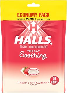 Halls Throat Soothing Creamy Strawberry Throat Drops, 70-Count Economy Pack for Fast Sore Throat Relief