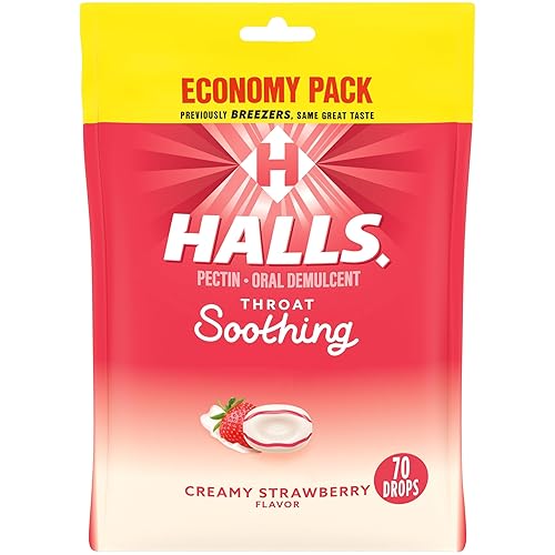 HALLS Gotas para la garganta calmantes (anteriormente HALLS Breezers) Gotas cremosas de fresa para la garganta, paquete económico, 70 gotas