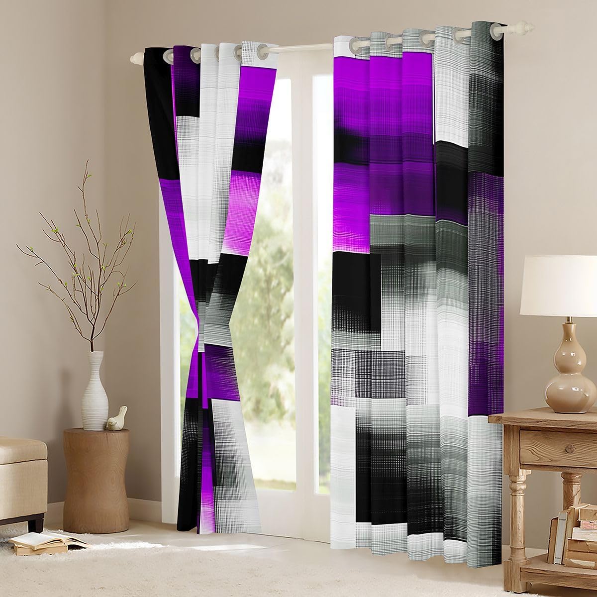 Feelyou Purple Black Abstract Curtains for Bedroom Living Room Geometric Blackout Shades Modern Art Room Darkening Curtain Luxury Window Treatments, 2 Panels 38 x 45 Inch Decor image 3