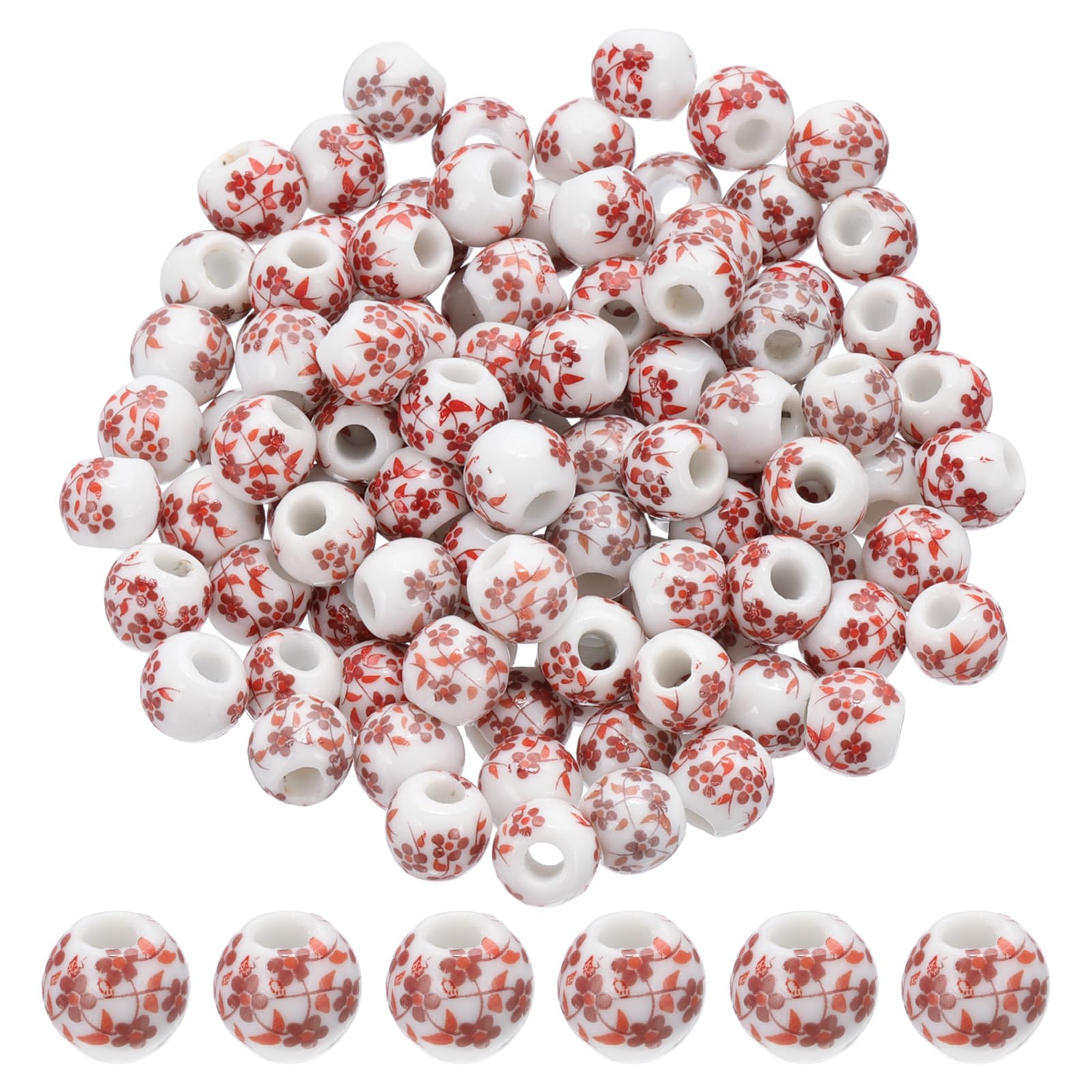 Perles rondes en porcelaine 8mm PATIKIL rouge imprimée fleur pour bijoux x100