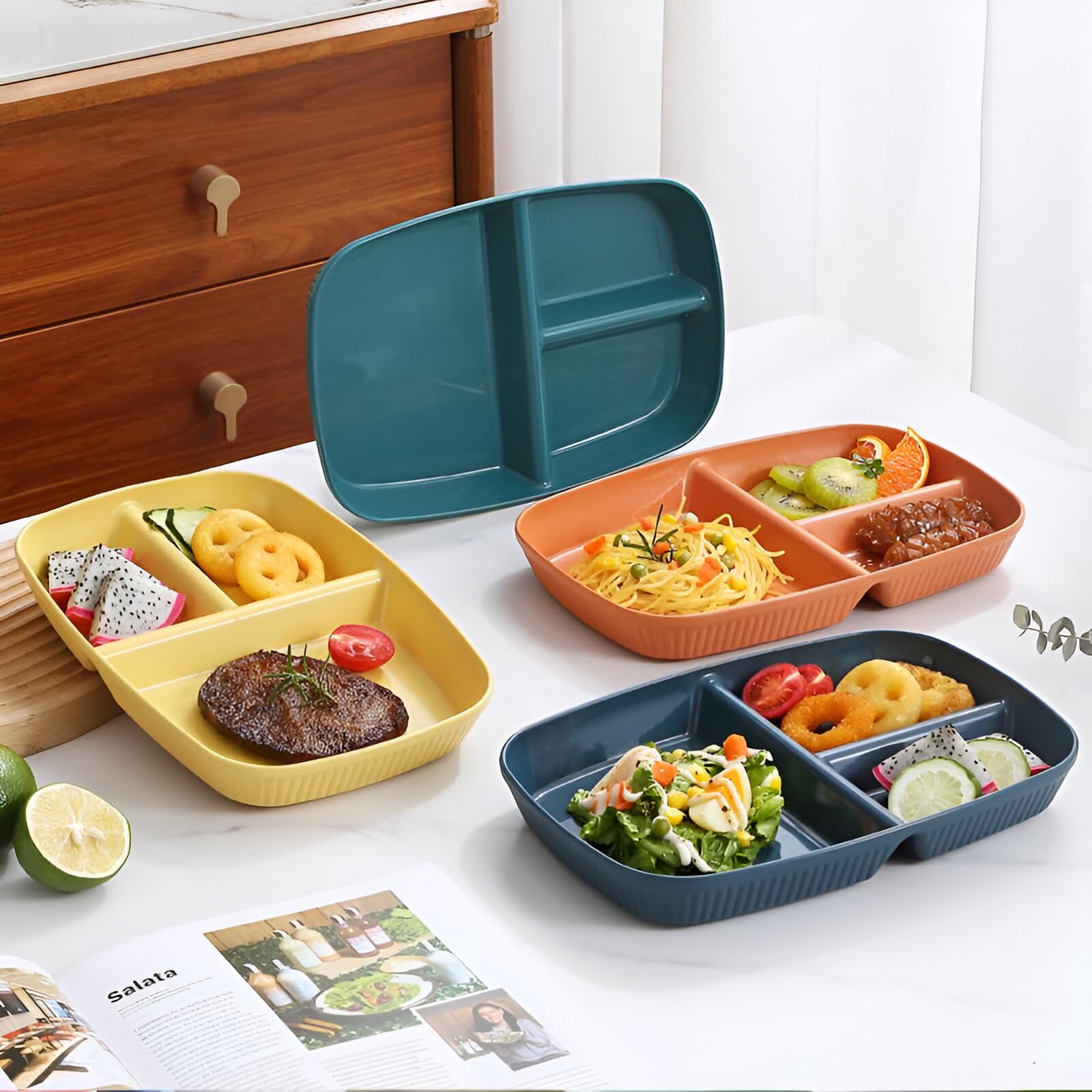 Amillee Wheat Straw Rectangular Divided Plates for Healthy Eating, 3 Sections Dinner Plates for Adults, Kids, Campers, and Portion Control, Microwave and Dishwasher Safe Dish (Pack of 2, Yellow) 4