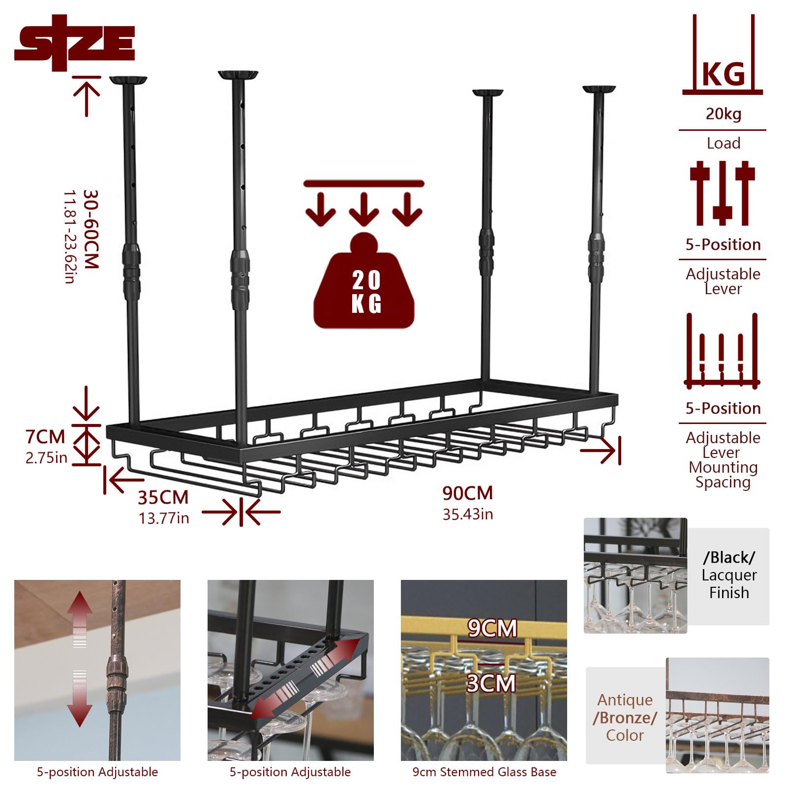 Mensole Sospese Soffitto Alto 30-60cm Regolable Nero 90cm | Portabicchieri Sospeso Metallo, Porta Calici Sospesi Salvaspazio per Sala da Pranzo Home Bar (ferroso, 90x35x(30-60)cm)