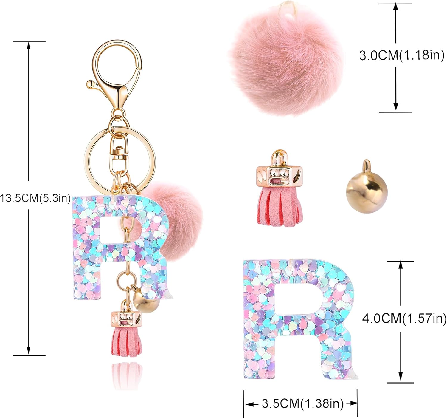 Resin Alphabet Initial Letter Keychain Keyring for Women Purse Handbags With Fur Ball Pom - Image 5