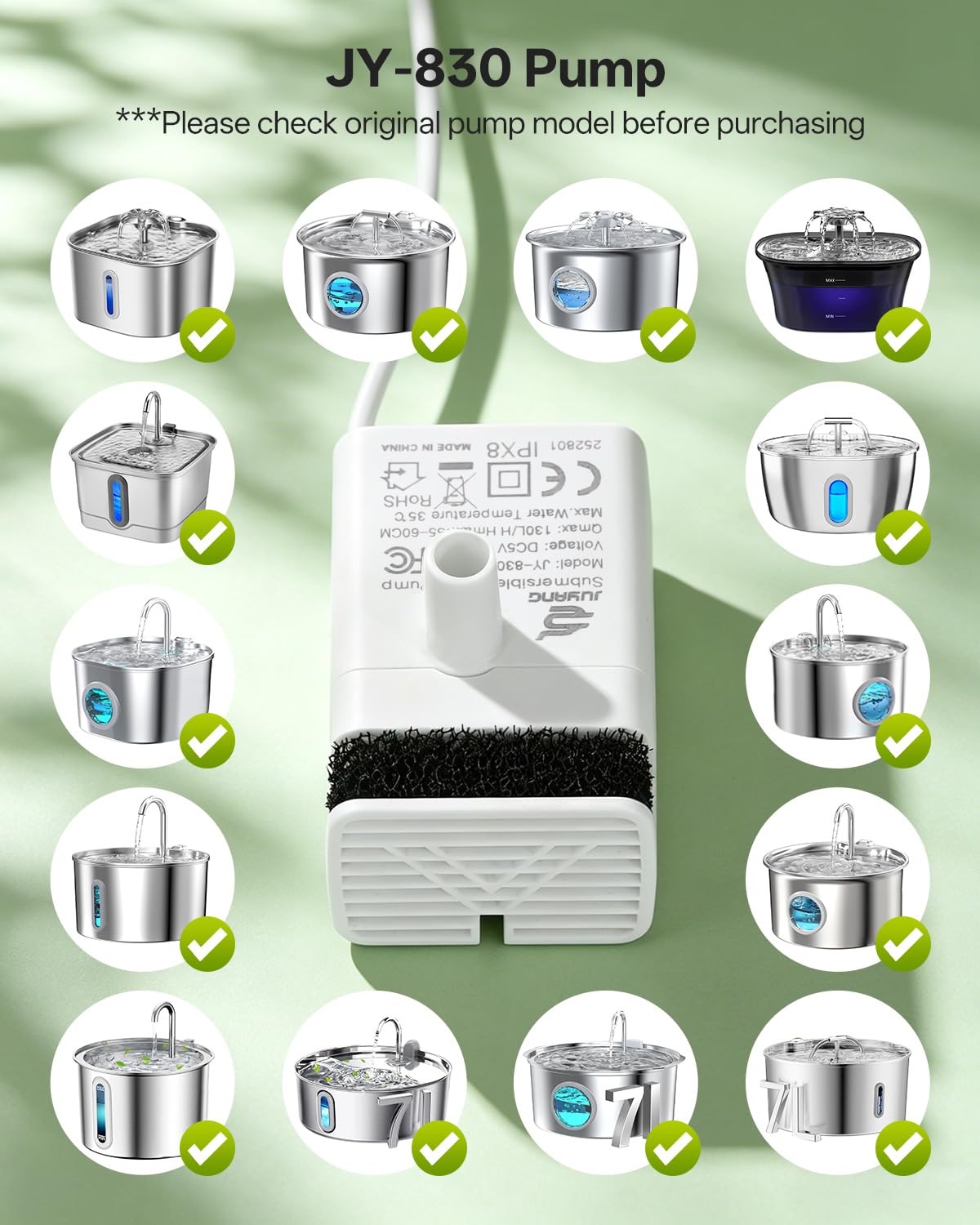 JY-830 Pompa sommergibile universale per molte fontane per animali domestici in acciaio inox, pompa ad acqua per gatti ultra silenziosa, motore USB, cavo da 1,50 m, IPX8, bassa potenza, lunga