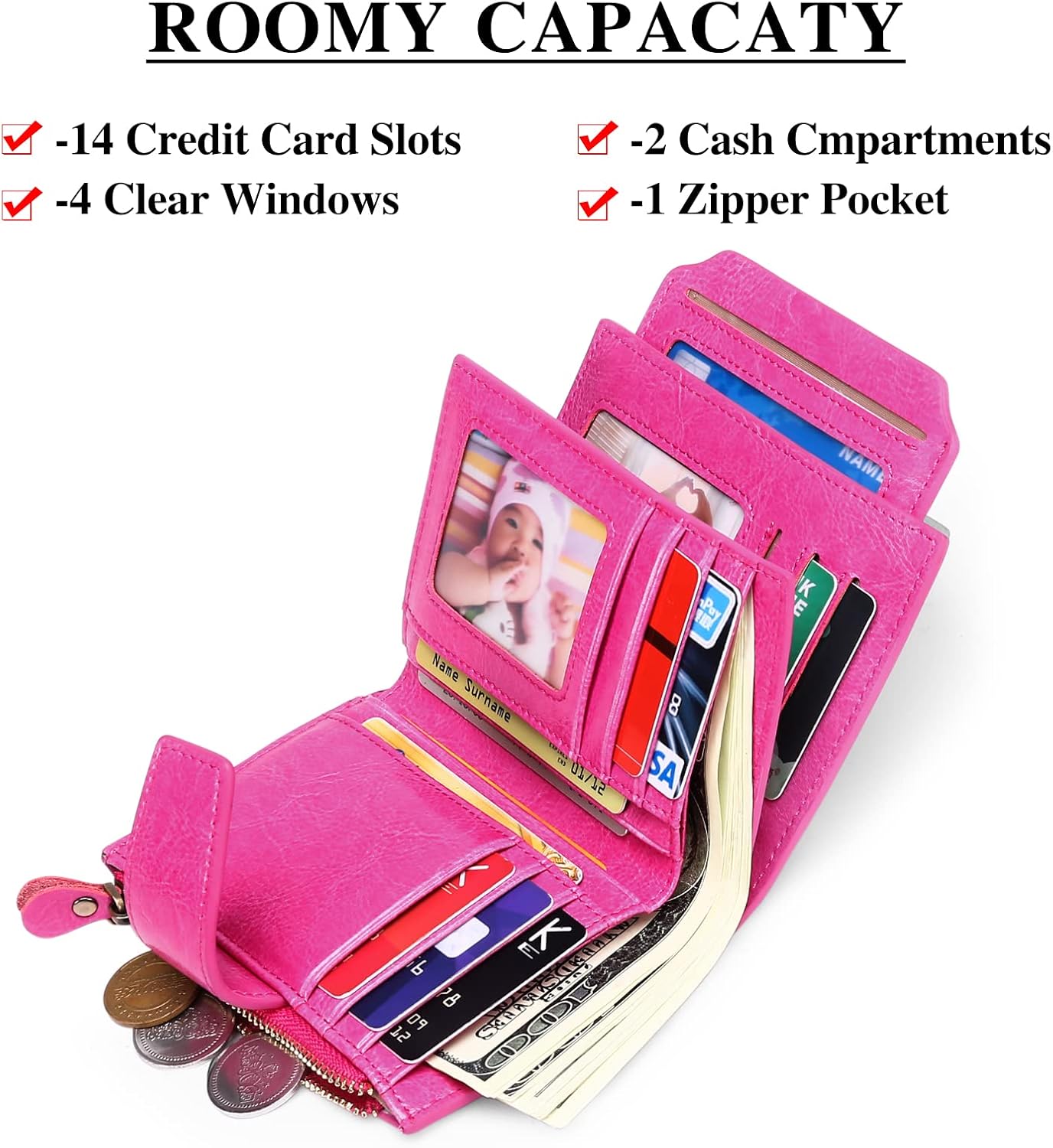 SENDEFN Women's RFID Blocking Leather Small Compact Bi-fold Zipper Pocket Wallet Card Case Purse with ID Window - Image 3