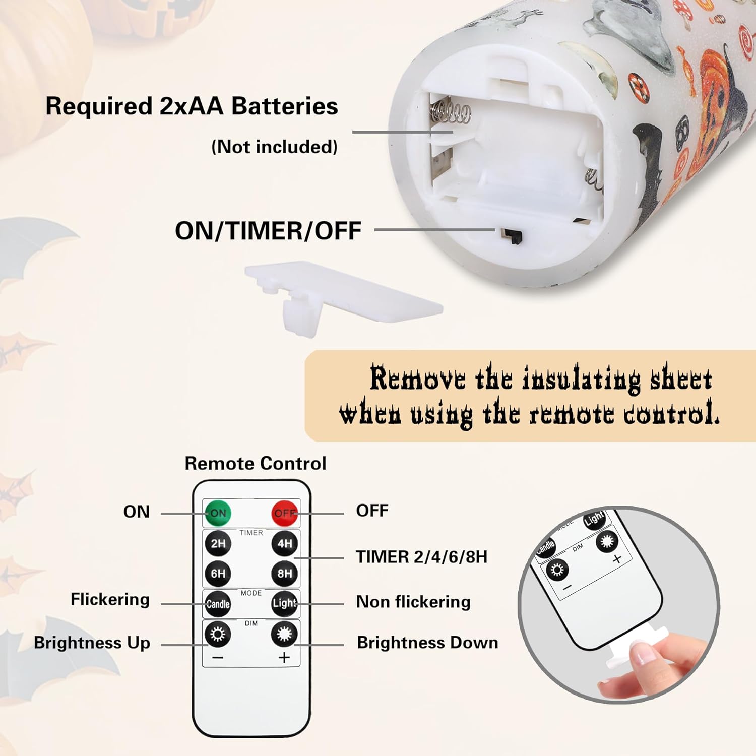 Halloween Ghost Flameless Candles with Remote Timer Cute Cartoon Pumpkin Skull Bat Battery Operated Real Wax Flickering LED Pillar Candle Horror Spooky Decoration for Halloween Home Party House Gifts