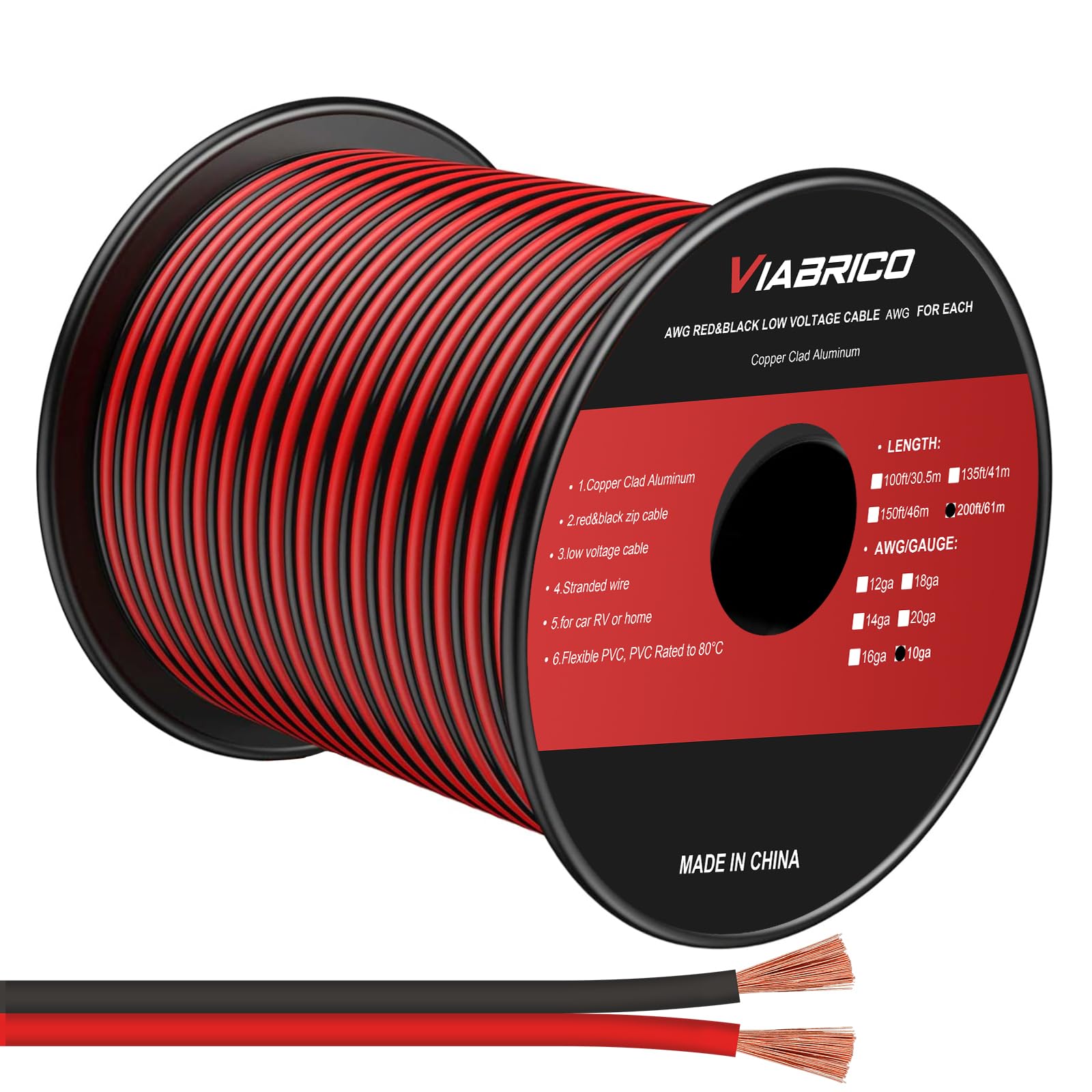 VIABRICO 10 Gauge Wire 200FT, 2 Conductors Electrical Wire Red Black Cable, Flexible/Low Voltage/PVC 10 AWG Copper Clad Aluminum Extension Cord for Speaker, LED Strips, Automotive 12V/24V DC โ image 1