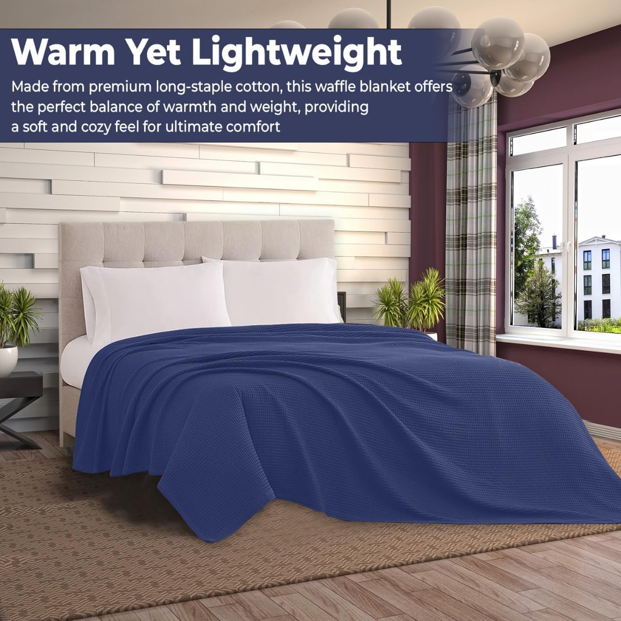 100% Cotton Blankets Queen Size for Bed - Waffle Weave Blankets for Summer, Lightweight and Breathable Soft Woven Blanket for Spring, White, 90x90 Inches (Navy, Throw (50" x 60")) - Image 3
