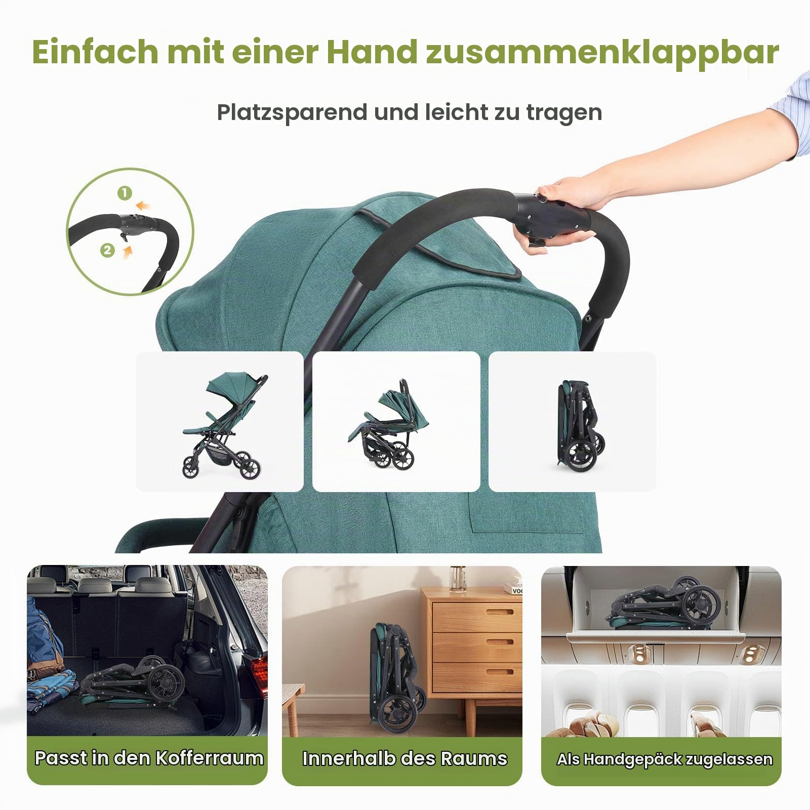 Faltbar Kinder-Buggy Kinderwagen, Regulierbarer 5-Punkt-Sicherheitsgurt, Zusammenklappen mit einer Hand, großes Verdeck, Robuster alle 4 Räder gedämpft, geräumige Sitz, Einkaufskorb (Dunkelgrün)
