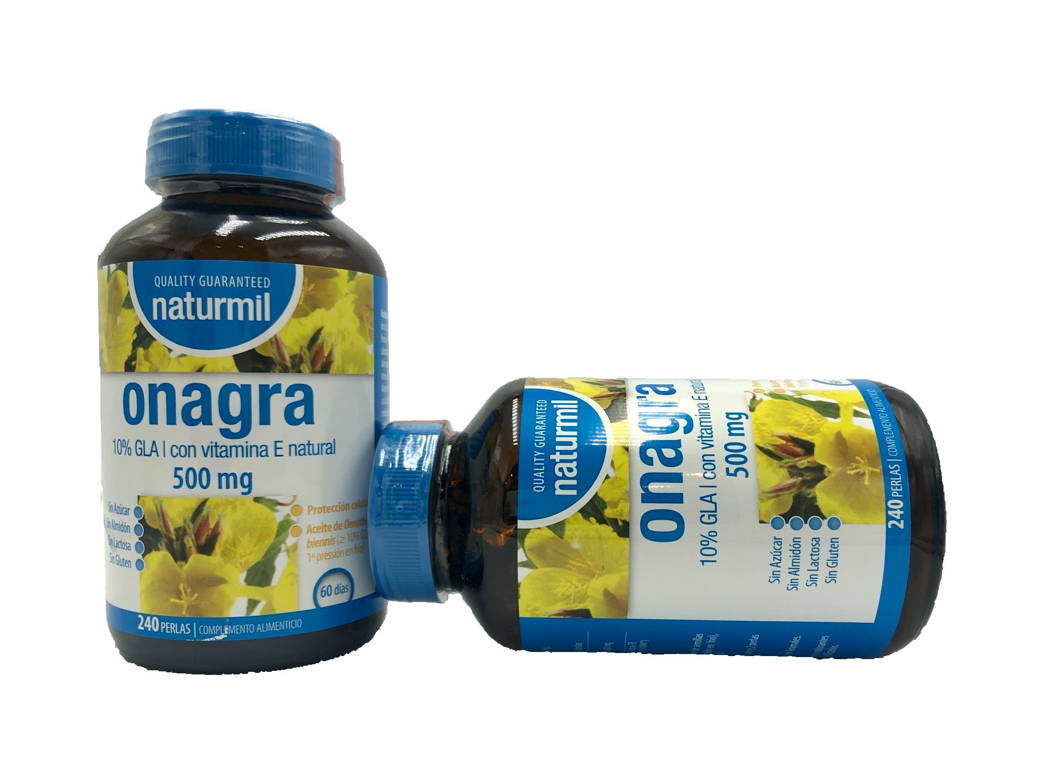 NATURMIL Aceite de Onagra 500mg con Vitamina E - 240 Perlas, Apoyo Hormonal y Piel, Sin Gluten