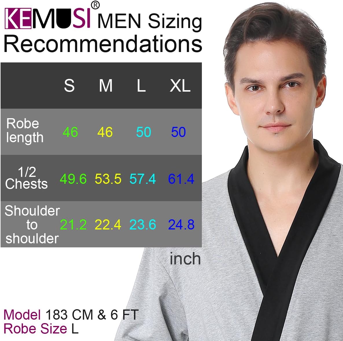 KEMUSI Men's Summer Knee-Length Breathable Absorbent Sleepwear Bathrobe, Mid Sleeve, Grey with Black Trim, Soft and Comfy - Image 3