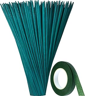 50 Pieces Wood Plant Stake Floral Sticks Support 13.8 Inch Green Garden Plant Sticks Wooden Bamboo Stake Craft Picks with 25 Yard Dark Green Flower Paper Tape