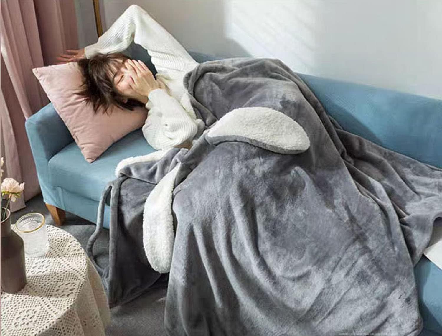 Soft Big Bunny ears Wearable Blanket, Blanket Wrap with buttons Comfy Hoodie Hooded cape Throw for women - Image 5