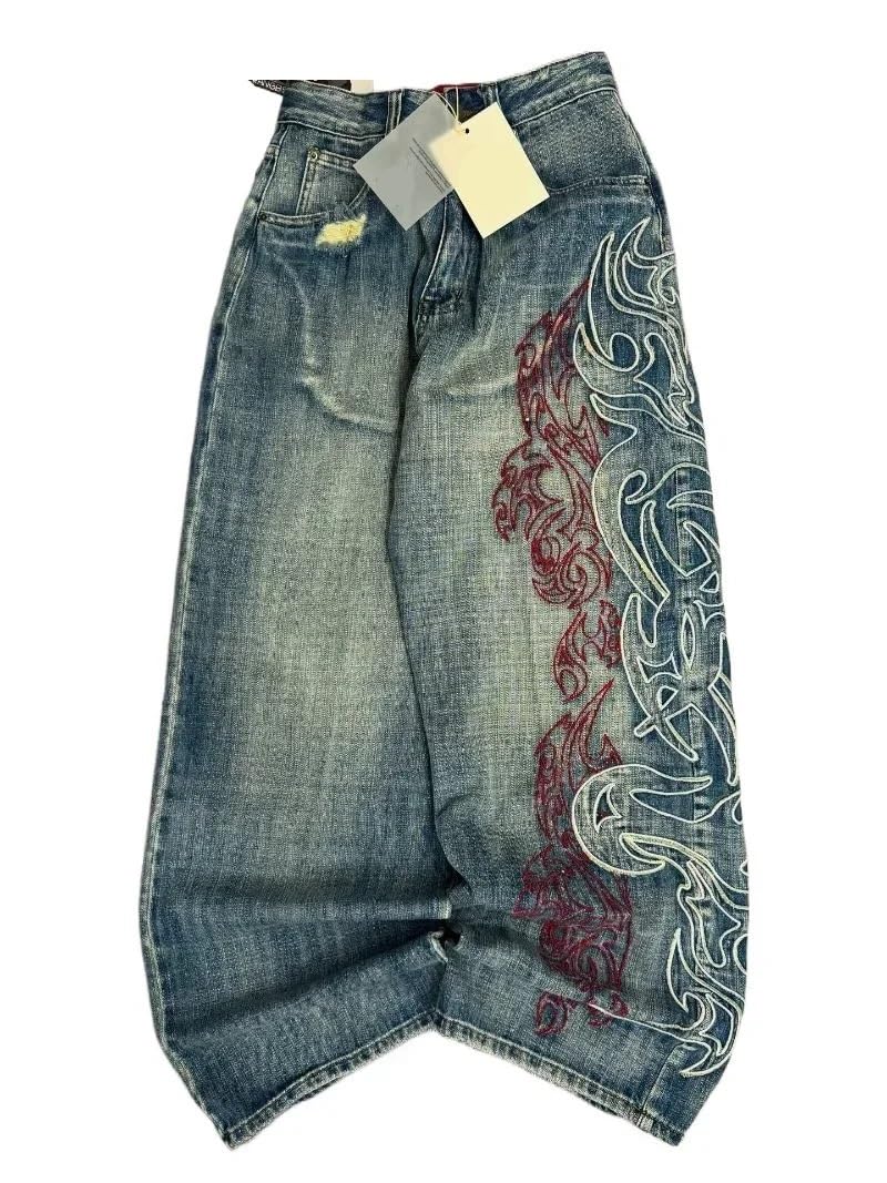 Baggy Jeans mit Muster und Stickerei for Damen Herren, Vintage-Stil, Hip-Hop-Look, lässige Paar-Jeans weitem Bein Für Männer