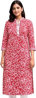 LOOF TRENDS Red Floral Printed Cotton Straight Kurti for Women | Mandarin Collar | 3/4 Cuffed Sleeves | Button Neck Ethnic... Price In India