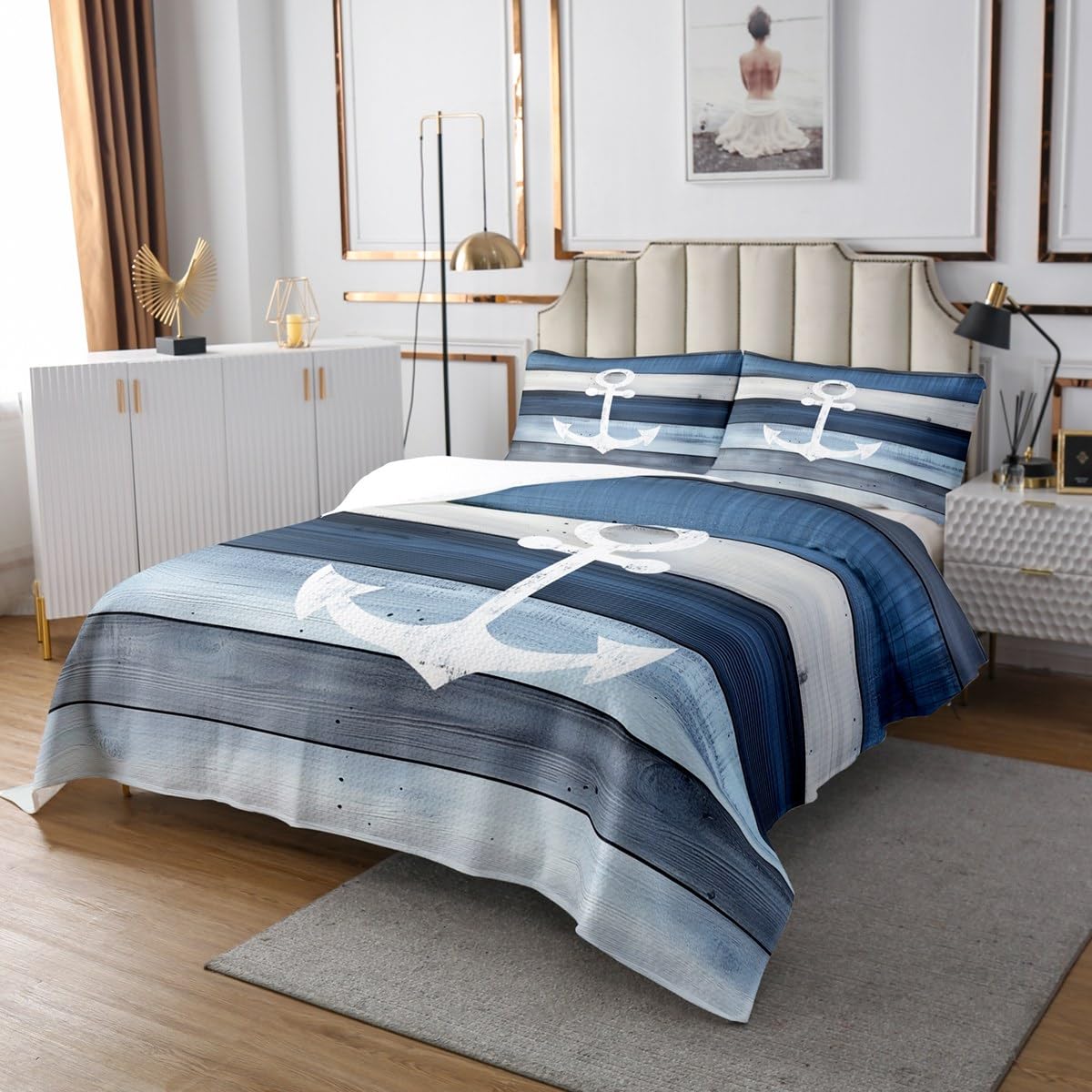 Homemissing Blauer Anker Dekor Bettüberwurf Nautische Steppdecke für Kinder Ozean Meer Abenteuer Küste Marine Holz Tagesdecke 220x240cm Zimmer Dekor Wohndecke Weich