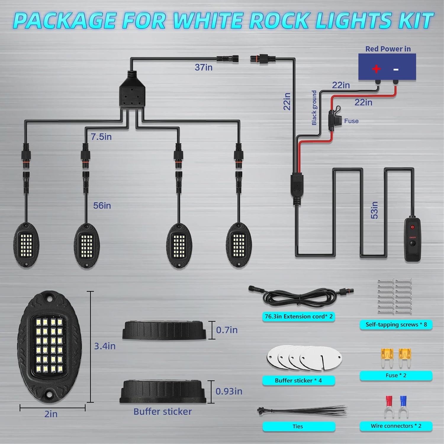 4Pods Metal Pure White LED Rock Lights Kit and Extension Cord with Switch Wiring Harness, 6000K 24LEDs Neon Underglow Light Aluminum Waterproof Fender Lights for Trucks Trailer Jeep Off Road ATV UTV