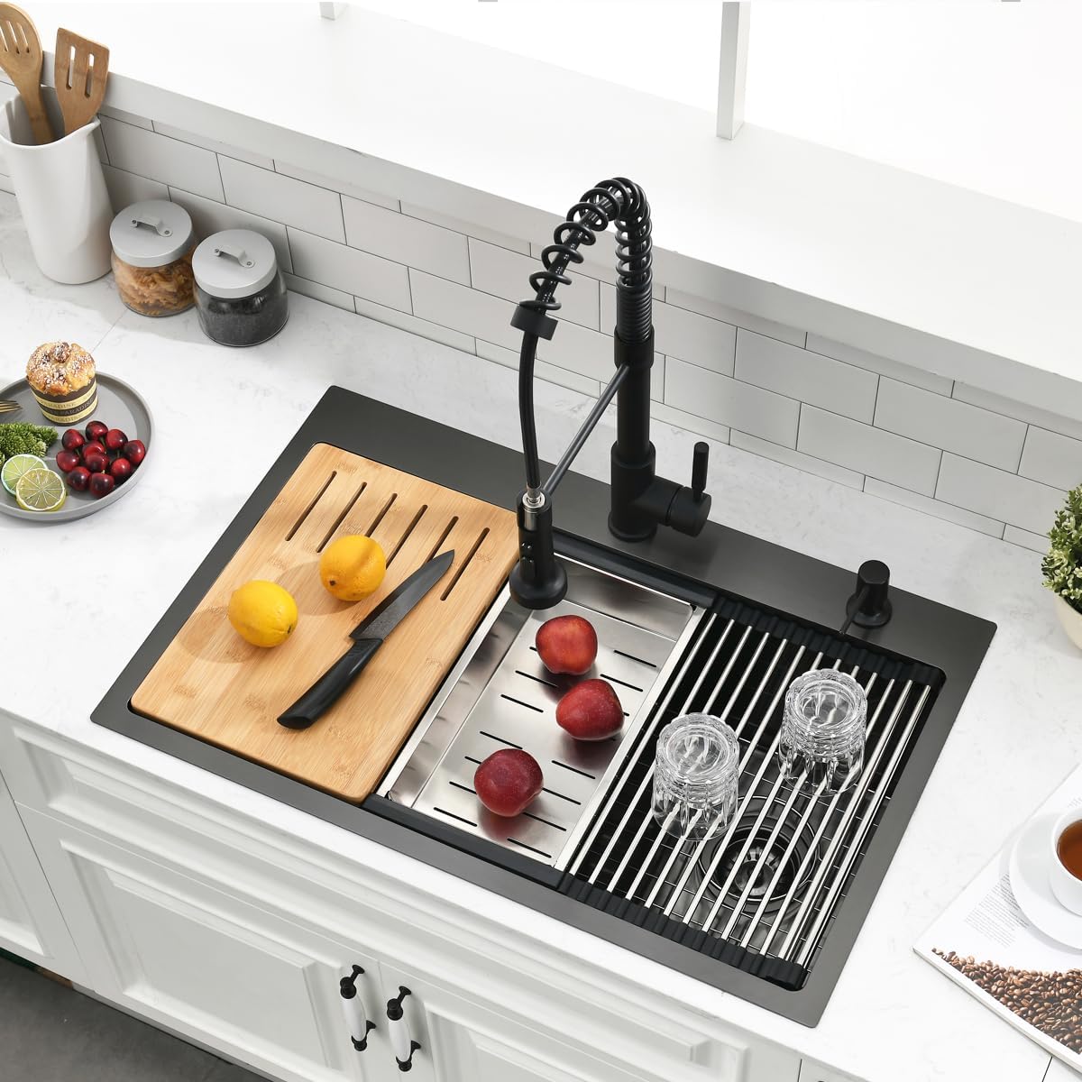 30 Inch Black Drop In Kitchen Sink Workstation - SZBAQTM 30x19-Inch Drop In sink Stainless Steel Single Bowl 10'' Deep Handmade Top Mount Sink with Cutting Board& Strainer