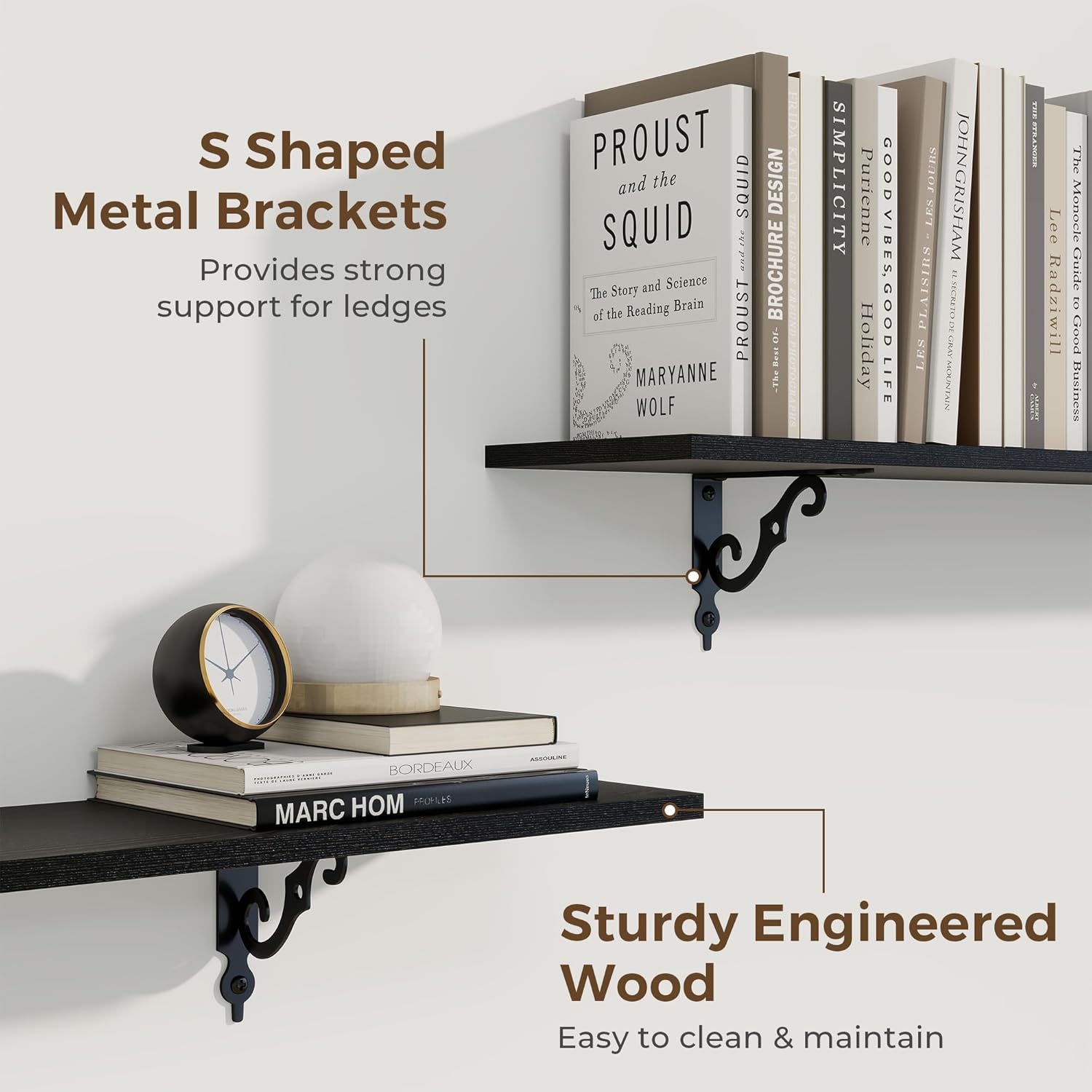 RICHFOCUS Floating Shelves for Wall Decor, 47.3W x 8D Shelves Set of 2, 8 Inch Deep Rustic Wood Shelves Wall Mounted with Brackets, Long Floating Shelves for Living Room Bedroom Kitchen, Black
