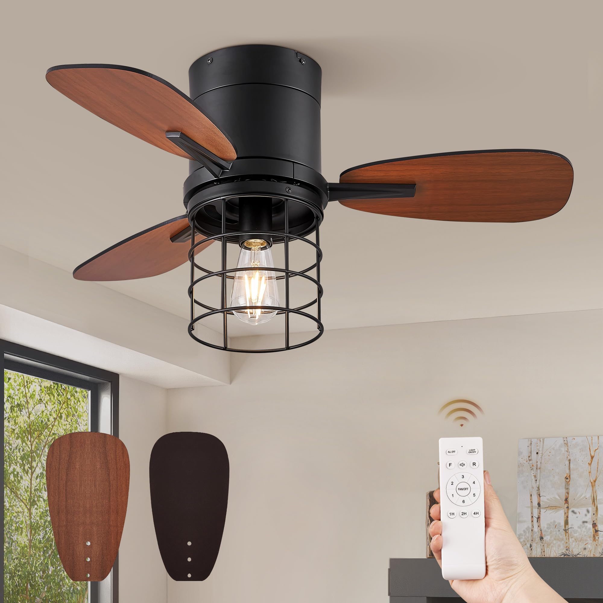 ZMISHIBO Ventilador de Techo Pequeño con Luz, Silencioso, Vintage, Flujo Reversible, 6 Velocidades, con Mando a Distancia, Lampara Ventilador Techo para Interior/Exterior, E27 Bombilla (no Incluida)