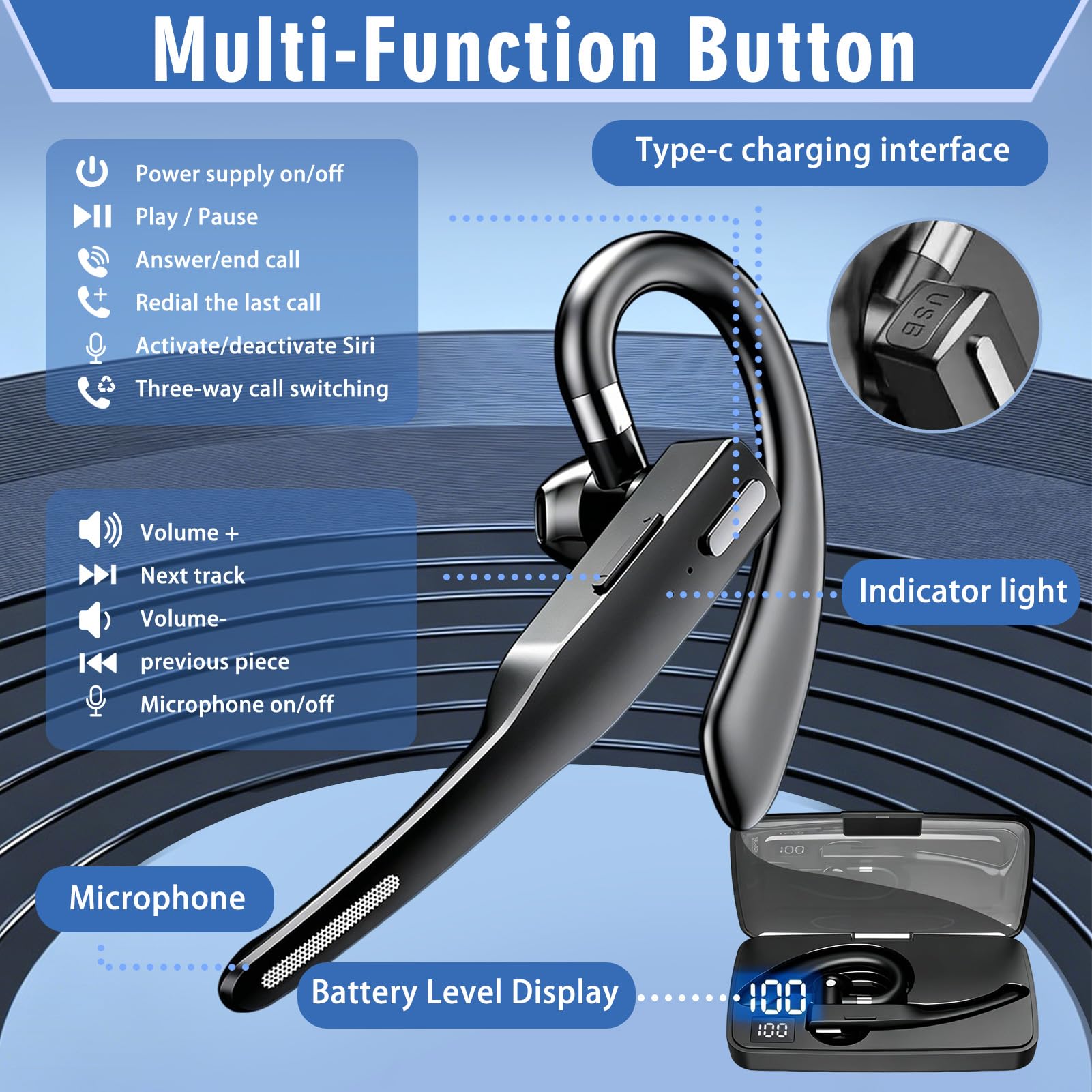 Oreillette Bluetooth sans Fil 6.1 avec Boîtier de Chargement 500 mAh, Kit Main Libres Bluetooth avec Dual Mic CVC8.0, Écouteurs sans Fil Casques Mono Légère pour Conduite/Bureau/Affaires