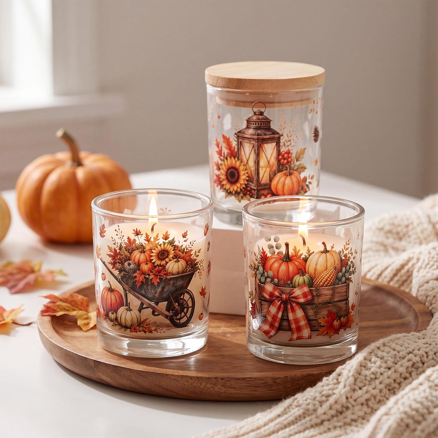 OBreezify 15 Pcs Fall Glass Candle Jars with Wooden Lids 5 oz Harvest Decor