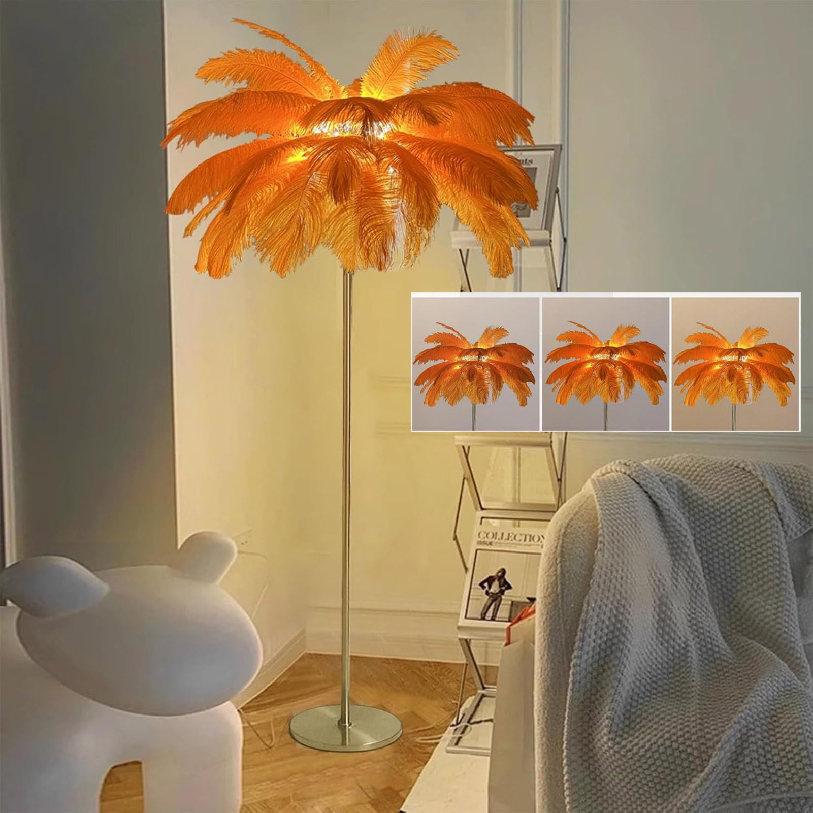 OUFUAMY Ostrich Feather Floor Lamp, 3 Colors Led Bulb, Bedroom Standing Lamp, Decorative for Living Room Bedroom Office Shop Window（62.99 Inch High）