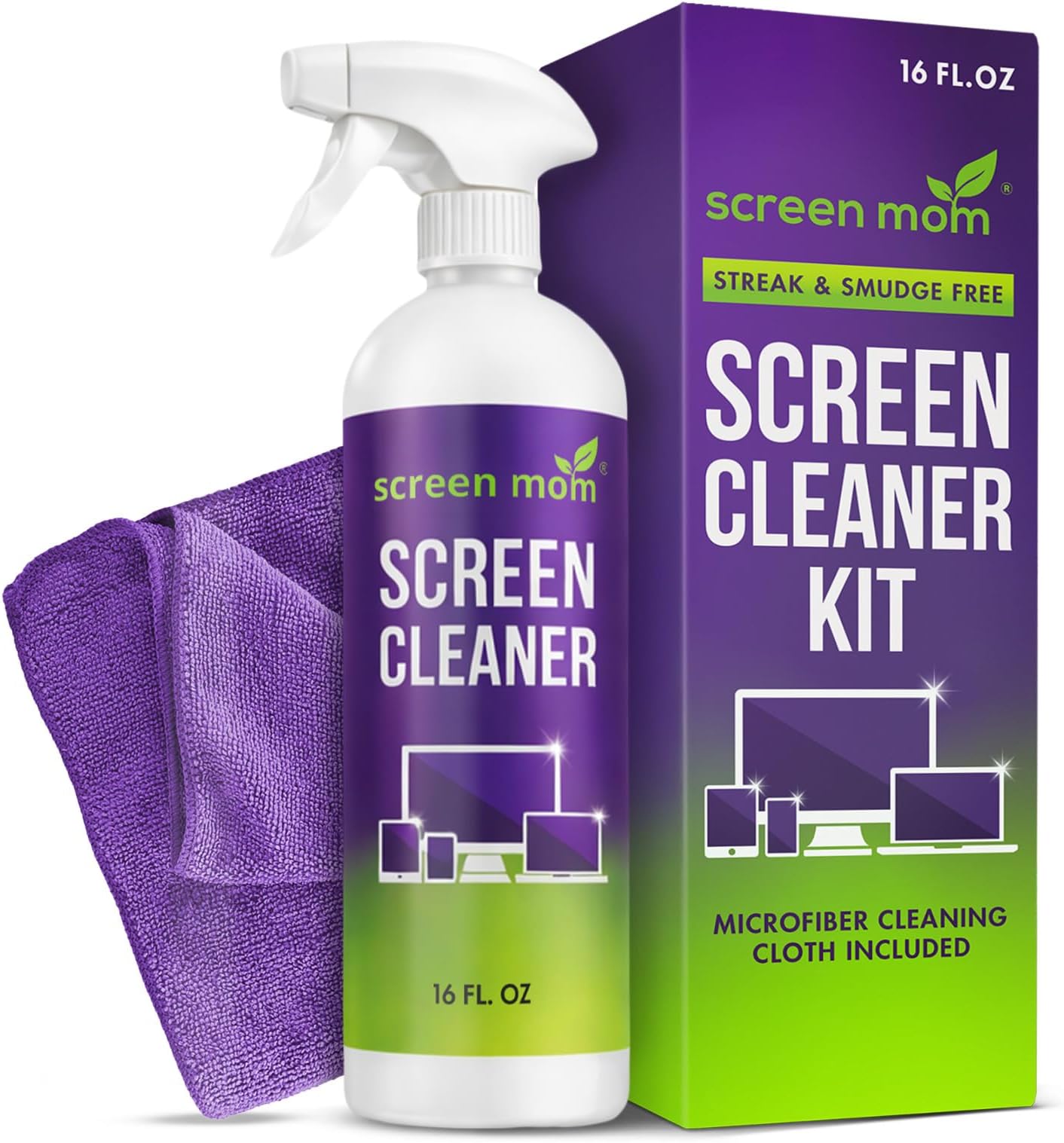 Screen Mom Screen Cleaner Spray and Wipe Microfiber Cloth 16oz Streak Free Formula Monitor Spray Phone Cleaners with Monitor Wipes for TV, Laptop, Computer, Phone, iPad, Car Cleaning Kit Electronic