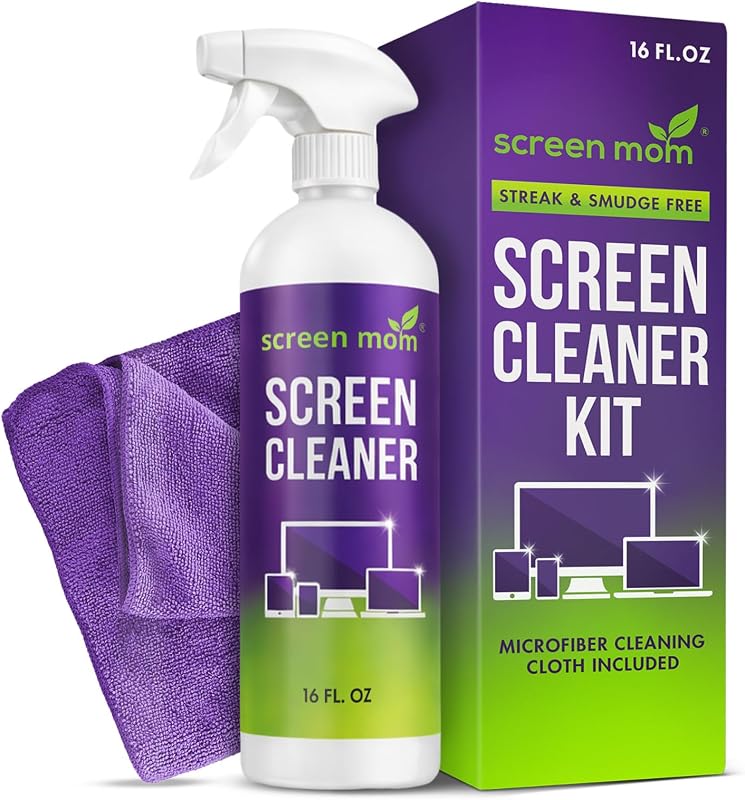 Screen Mom Limpiador de pantalla en aerosol, botella de 16 oz para TV, automóvil, computadora portátil y computadora | Limpieza sin rayas, seguro para vidrio y OLED, fórmula sin alcohol, paño de microfibra resistente a rayones, seguro para teléfonos y tabletas