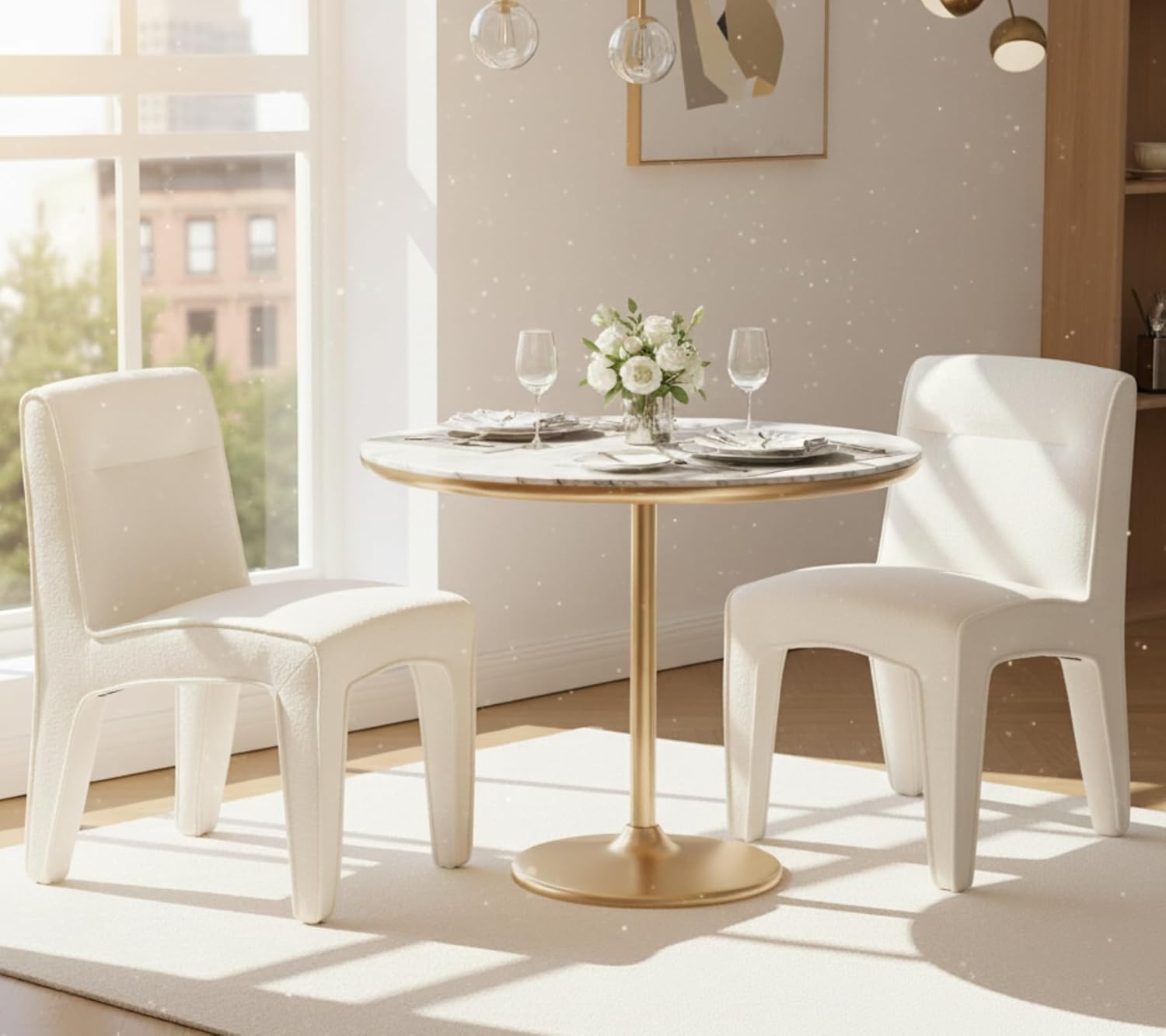 Modern Upholstered Dining Chairs Set of 2, White Chenille Armless Vanity Chairs, Accent Wooden Kitchen & Dining Room Chair Side Chair for Dining Room Kitchen Living Room Make Up