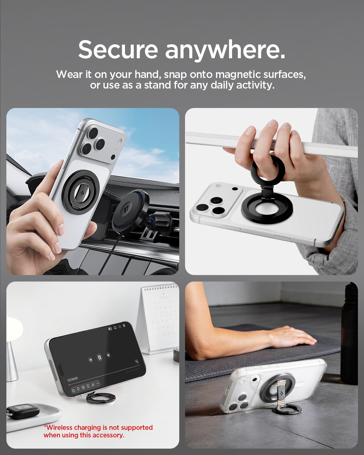 Spigen O-Mag MagFit+ Anneau MagSafe [Double Charnière] Support Anneau | Aimant Double Face pour iPhone 17, 17e, 16, 15, 14, 13 12 et Coques MagSafe pour Samsung S26, S25, Pixel 10 – Noir