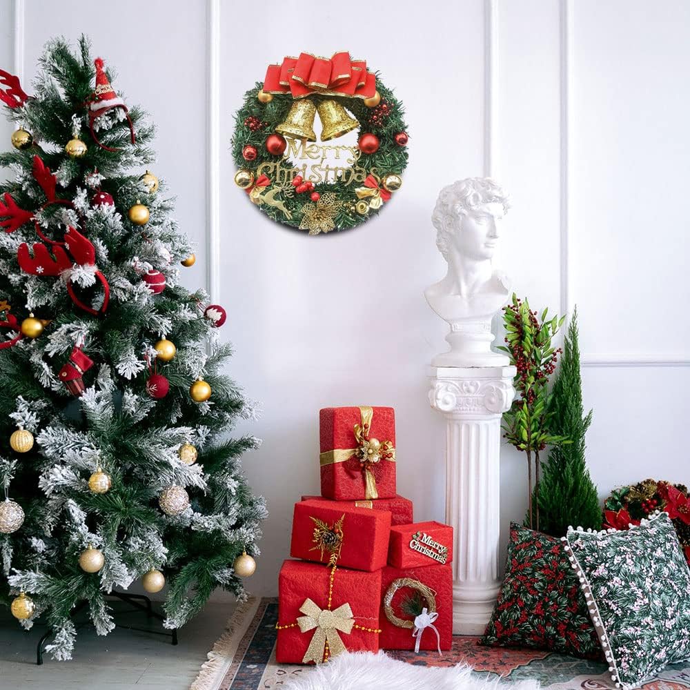 Christmas Wreath Reef for Front Door Window 13 Inch Pine Artificial Garland with Bowknot, Bells, Deer, Red Berries, Flower Gifts for Christmas Party Decor, Front Door Window Wall Wreath(Red) - Image 7